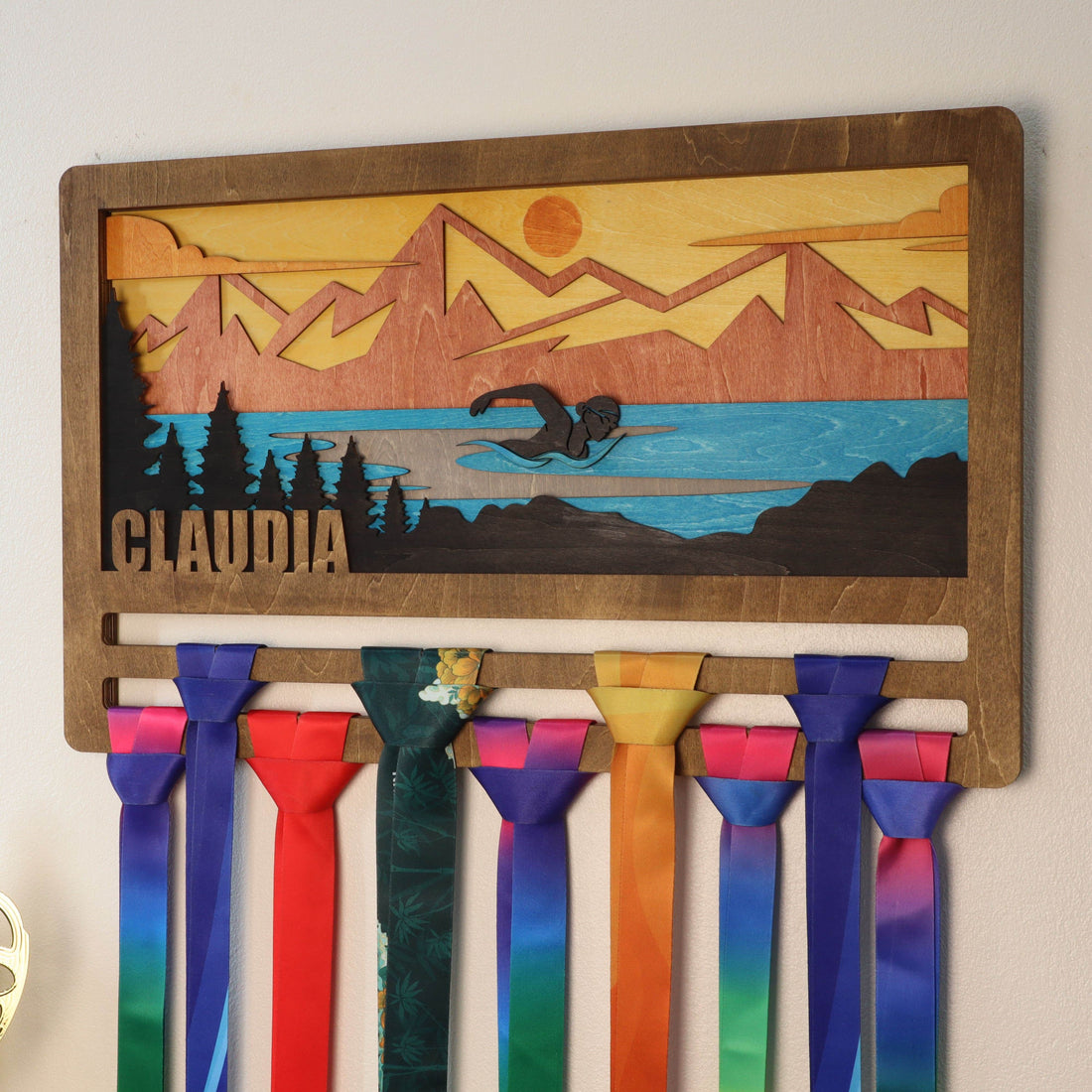 Personalized Wooden Swimming Medal Hanger with Custom Name | Swim Medal Display Rack | Gift for Swimmers - Champion Hanger