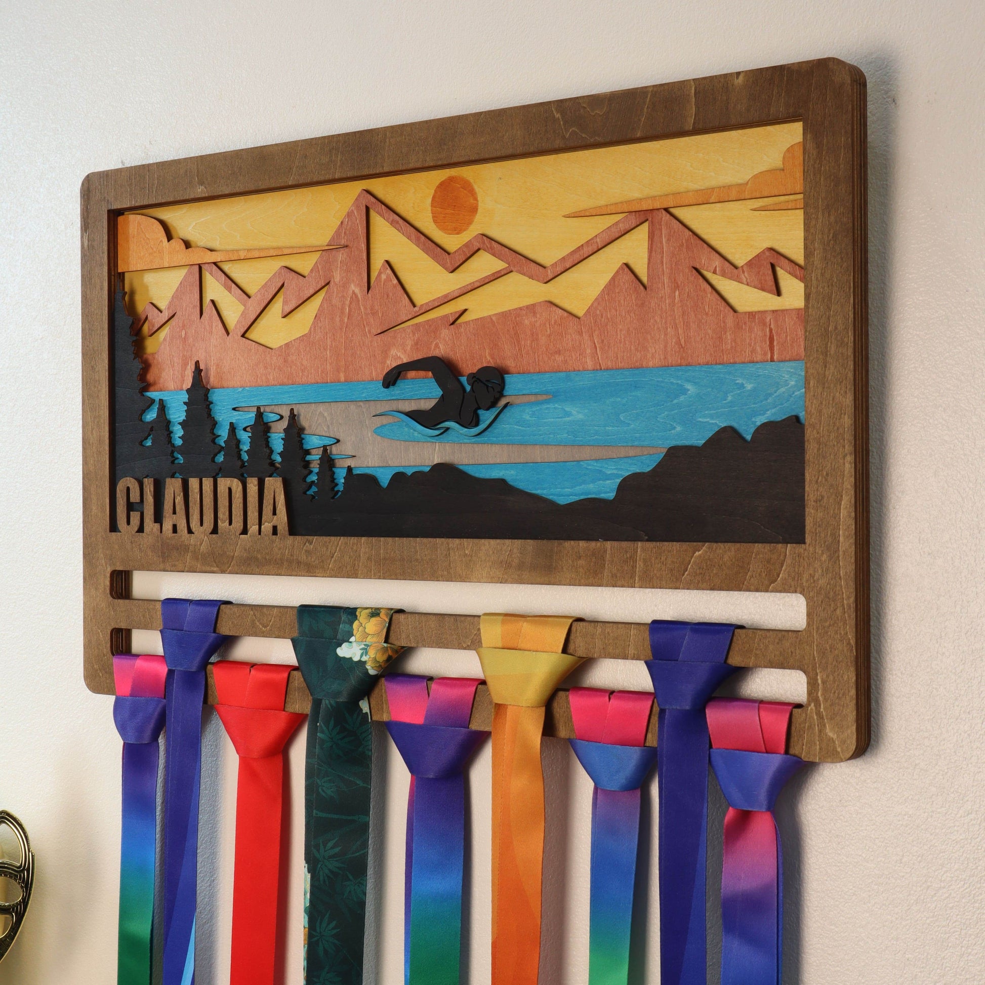 Personalized Wooden Swimming Medal Hanger with Custom Name | Swim Medal Display Rack | Gift for Swimmers - Champion Hanger