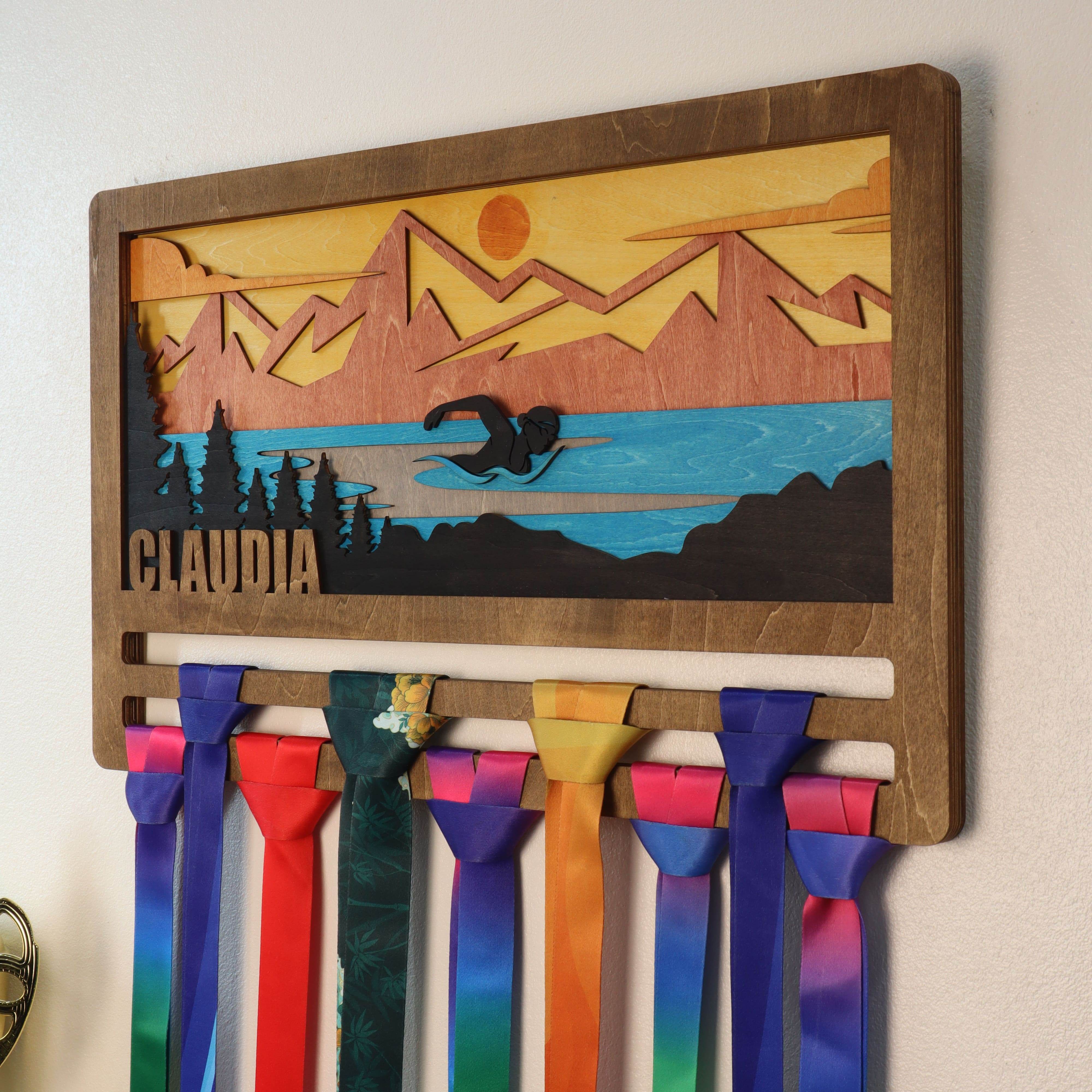 Personalized Wooden Swimming Medal Hanger with Custom Name | Swim Medal Display Rack | Gift for Swimmers - Champion Hanger