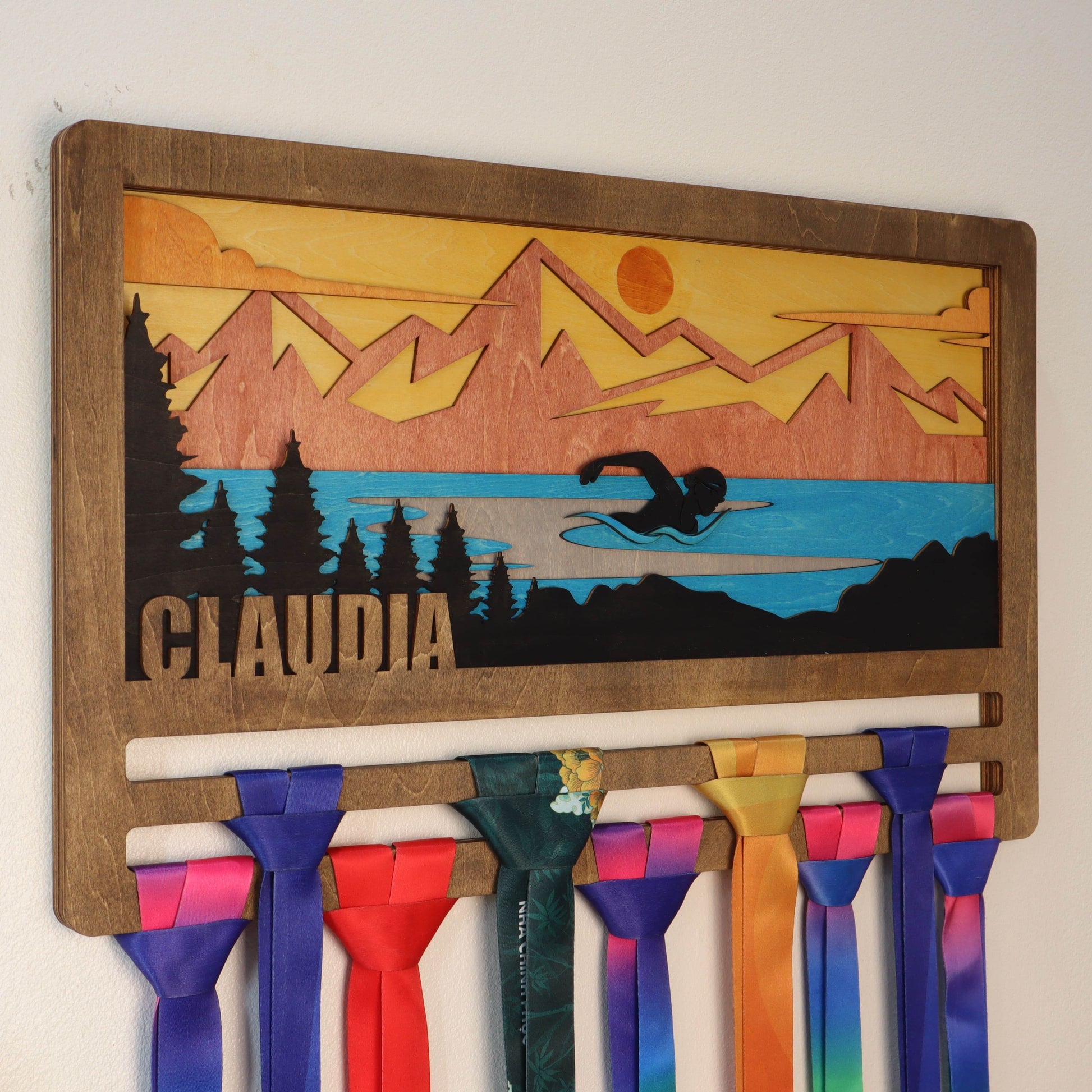 Personalized Wooden Swimming Medal Hanger with Custom Name | Swim Medal Display Rack | Gift for Swimmers - Champion Hanger