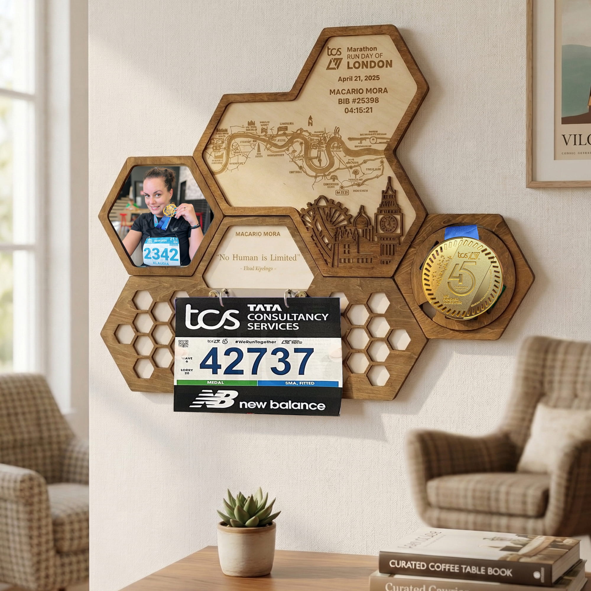 London Marathon Hexagon Wooden Medal Hanger - London World Marathon Majors Medal Display