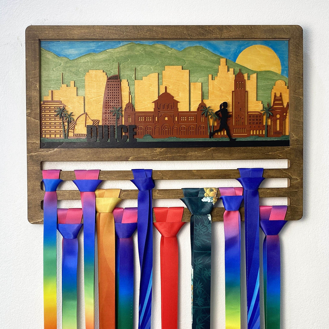 Personalized Los Angeles Skyline Wooden Medal Hanger – ChampionHanger running gifts - Champion Hanger