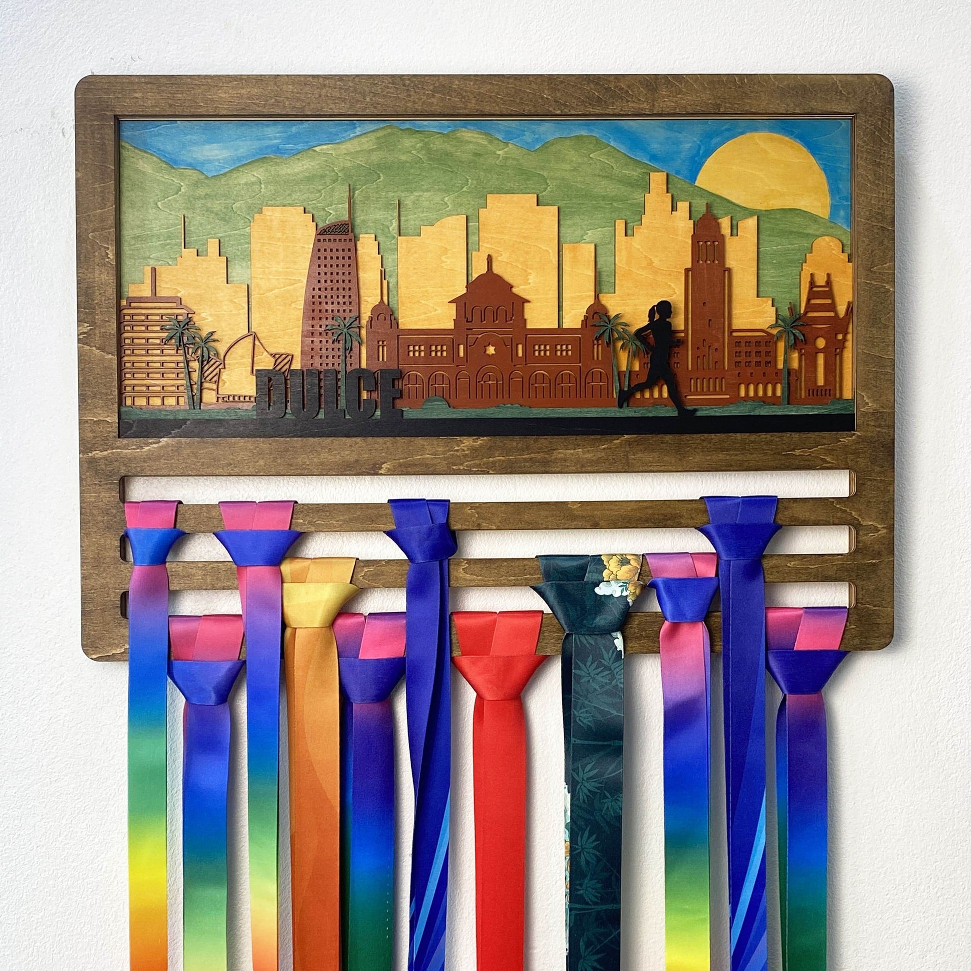 Personalized Los Angeles Skyline Wooden Medal Hanger – ChampionHanger running gifts - Champion Hanger