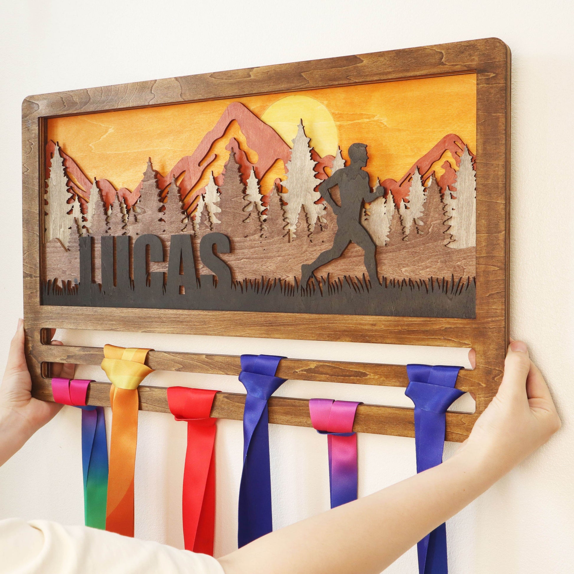 Mountain Sunset Wooden Medal Hanger For Runner, Custom medal holder, ChampionHanger Running gifts - Champion Hanger