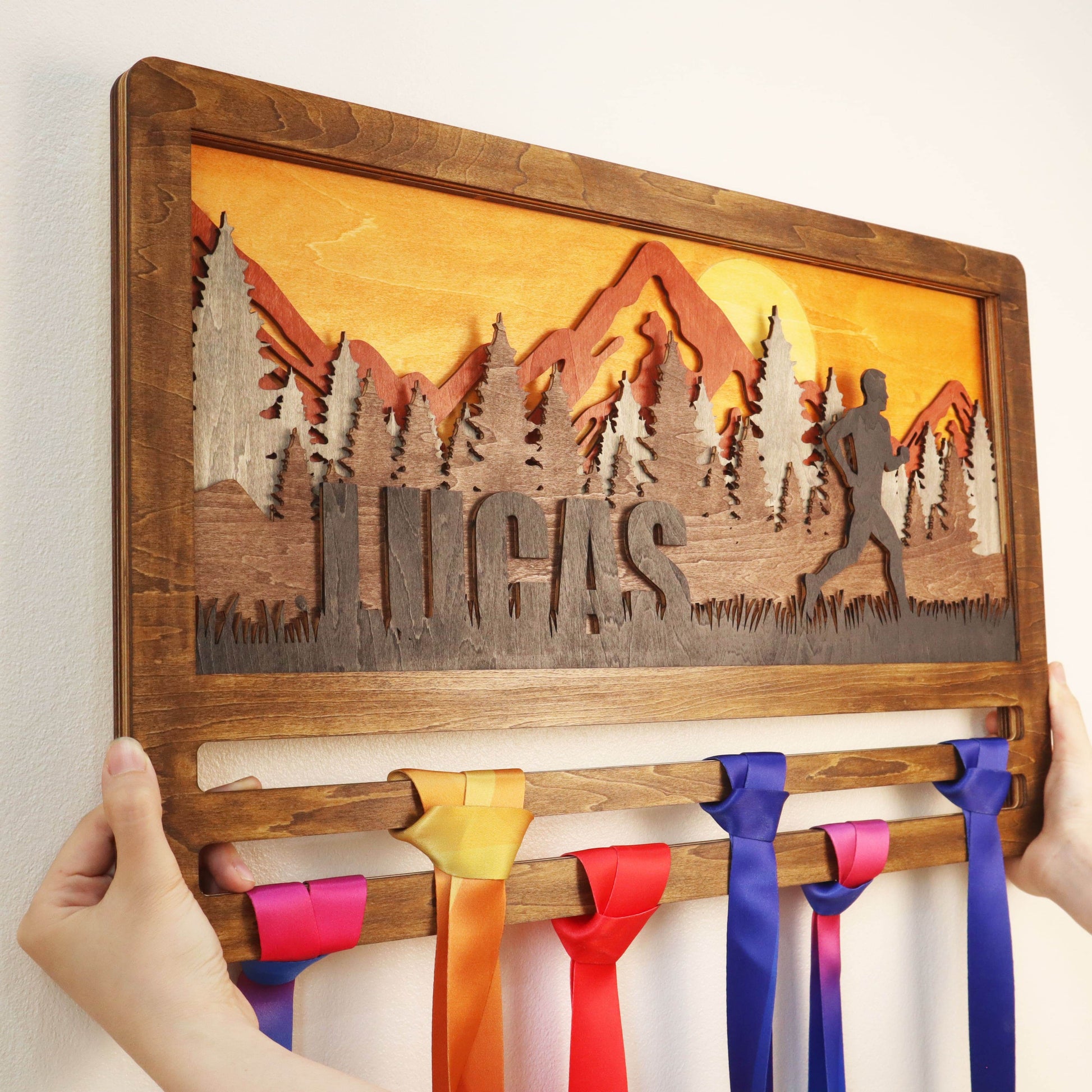 Mountain Sunset Wooden Medal Hanger For Runner, Custom medal holder, ChampionHanger Running gifts - Champion Hanger