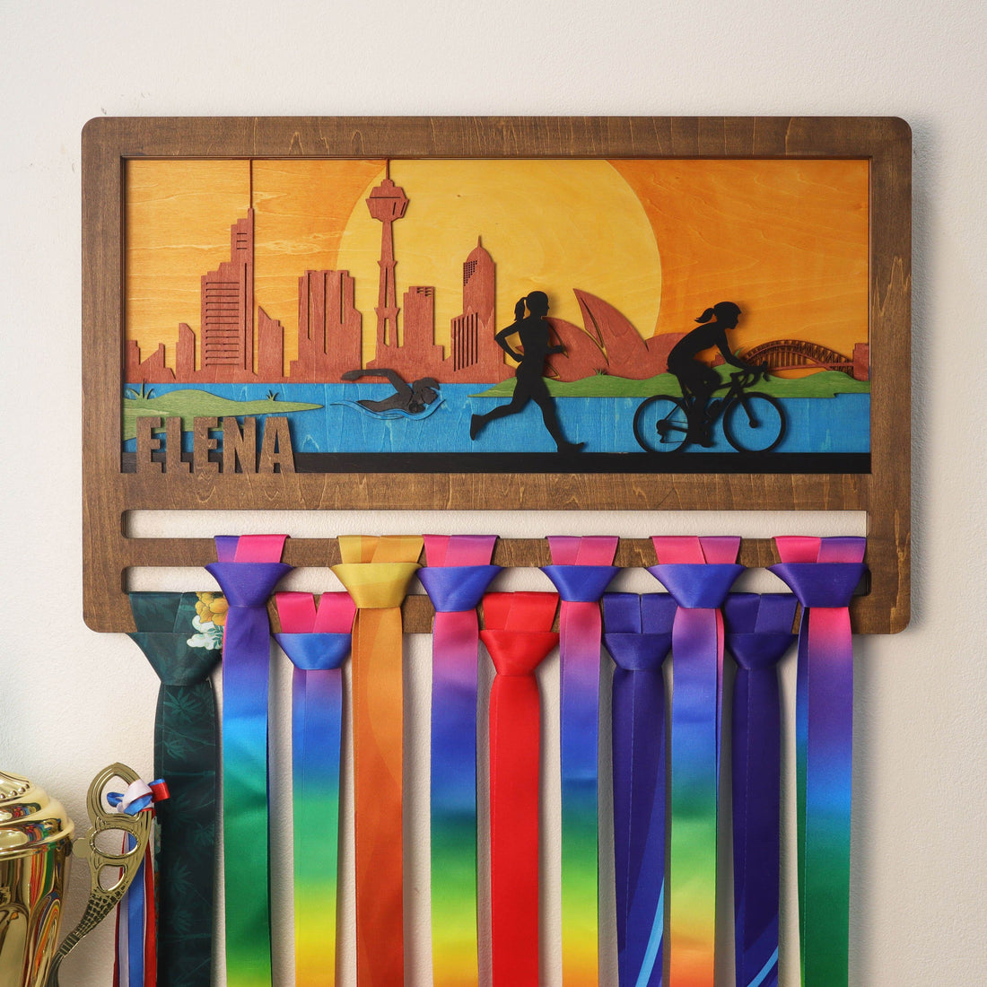 Personalized Triathlon Medal Hanger | Custom Name Wooden Medal Display - Sydney Cityscape Wall Art, ChampionHanger - Champion Hanger