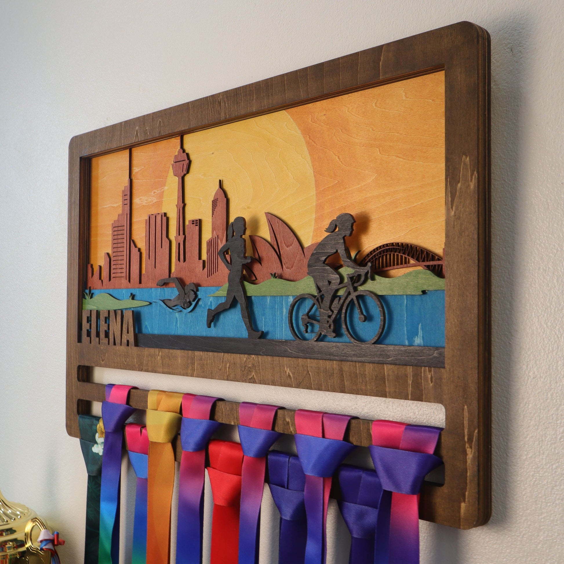 Personalized Triathlon Medal Hanger | Custom Name Wooden Medal Display - Sydney Cityscape Wall Art, ChampionHanger - Champion Hanger