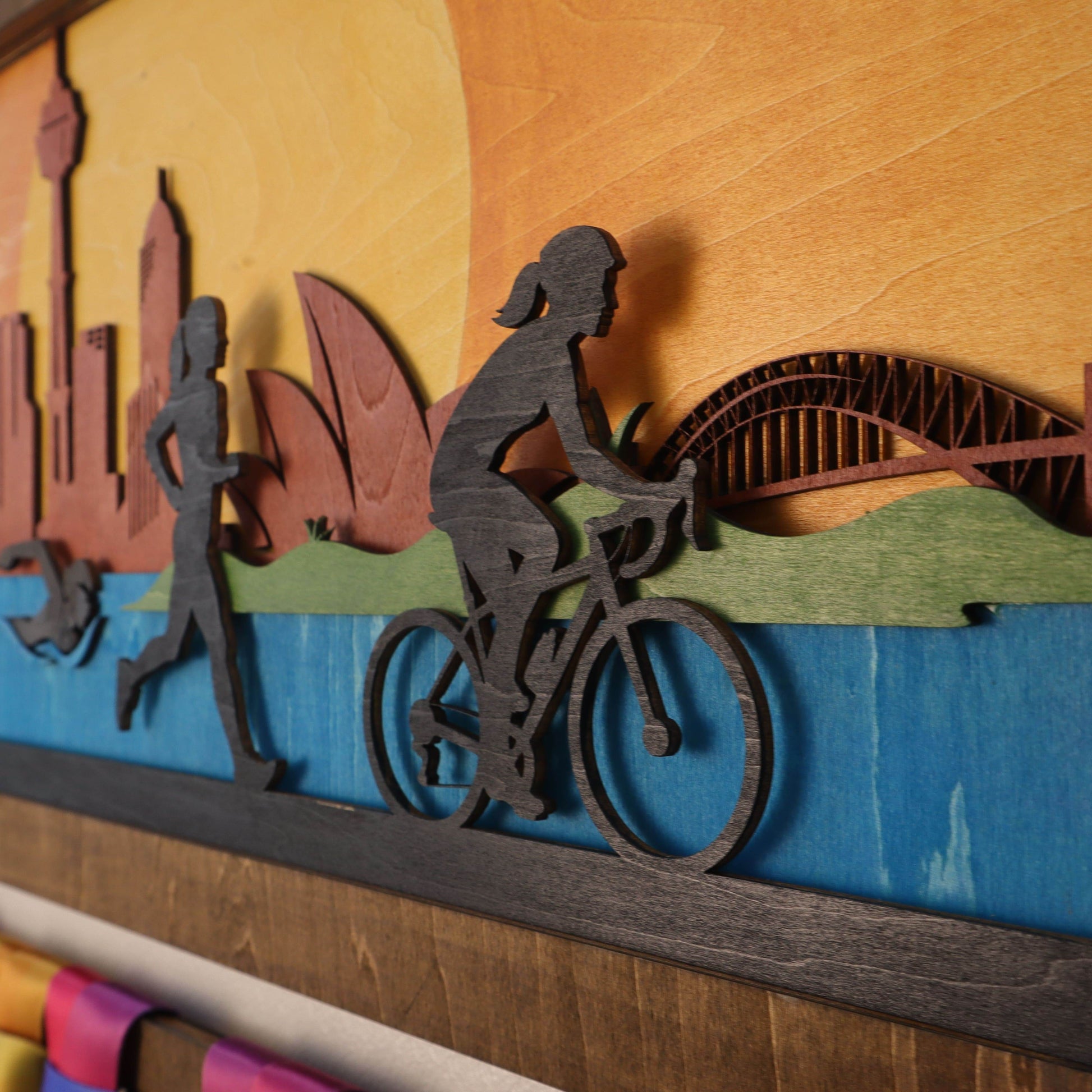 Personalized Triathlon Medal Hanger | Custom Name Wooden Medal Display - Sydney Cityscape Wall Art, ChampionHanger - Champion Hanger