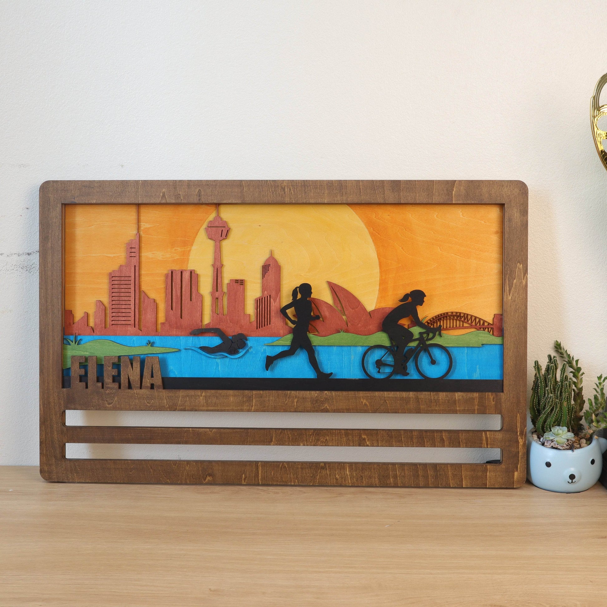 Personalized Triathlon Medal Hanger | Custom Name Wooden Medal Display - Sydney Cityscape Wall Art, ChampionHanger - Champion Hanger