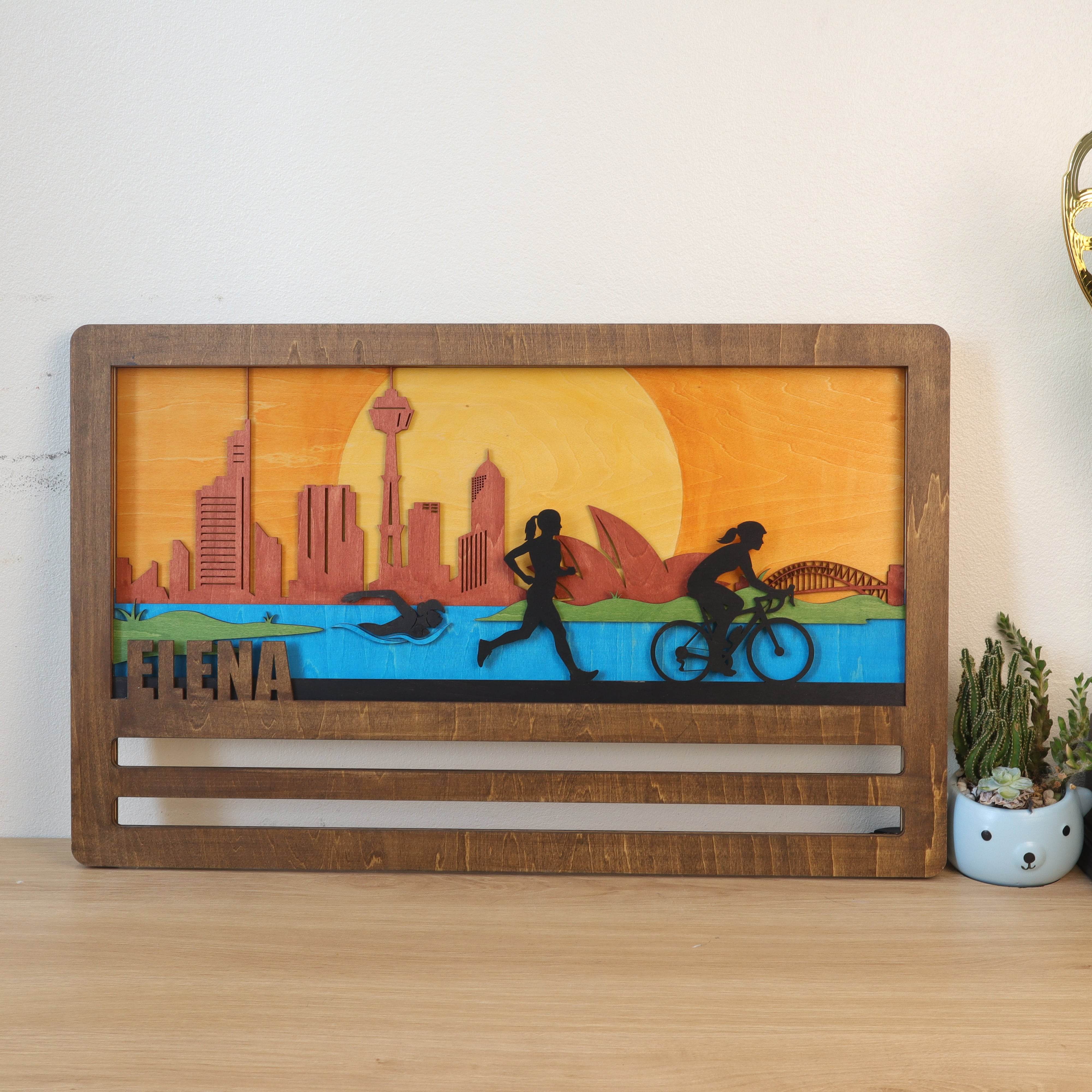 Personalized Triathlon Medal Hanger | Custom Name Wooden Medal Display - Sydney Cityscape Wall Art, ChampionHanger - Champion Hanger