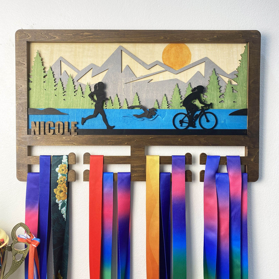 Personalized Triathlon Medal Hanger Custom Wooden Mountain Triathlete & Ironman Medal Display, ChampionHanger - Champion Hanger