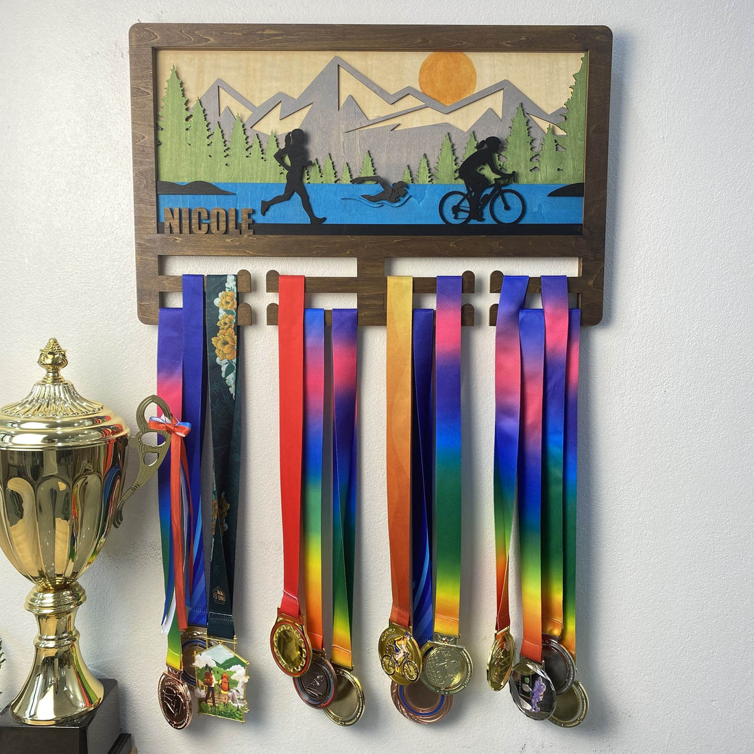 Personalized Triathlon Medal Hanger Custom Wooden Mountain Triathlete & Ironman Medal Display, ChampionHanger - Champion Hanger