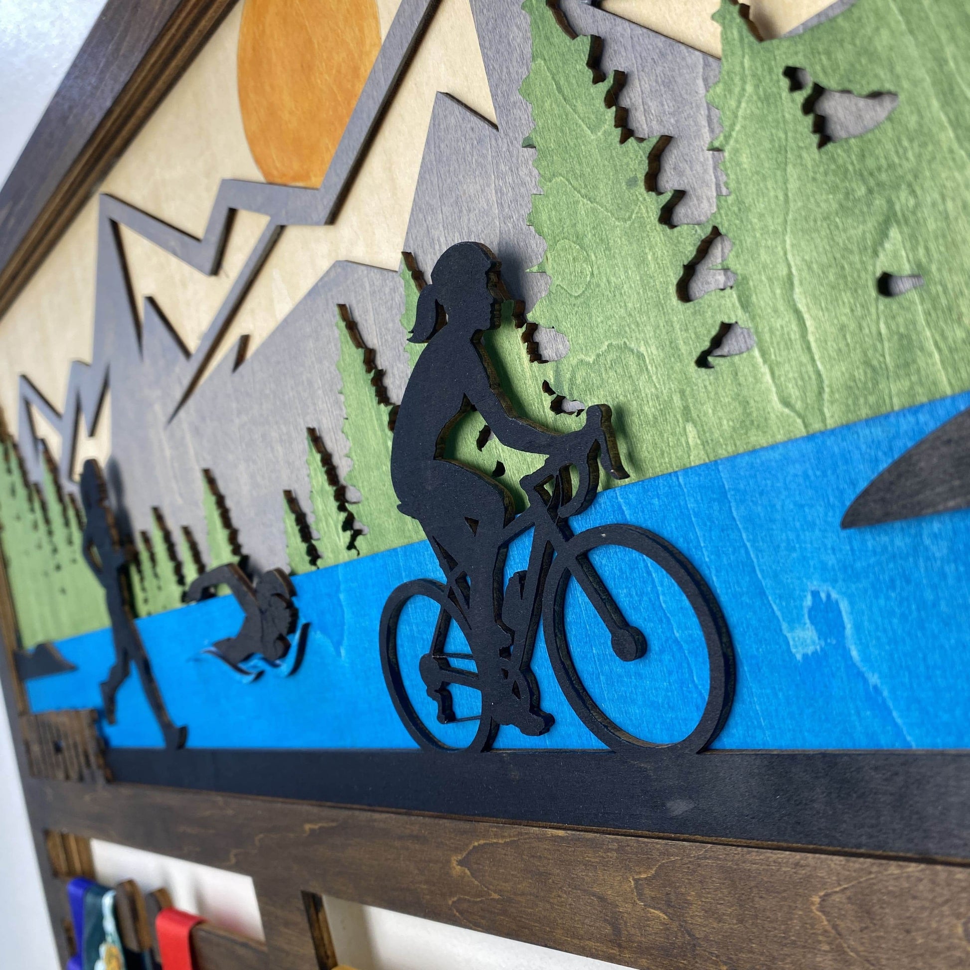 Personalized Triathlon Medal Hanger Custom Wooden Mountain Triathlete & Ironman Medal Display, ChampionHanger - Champion Hanger