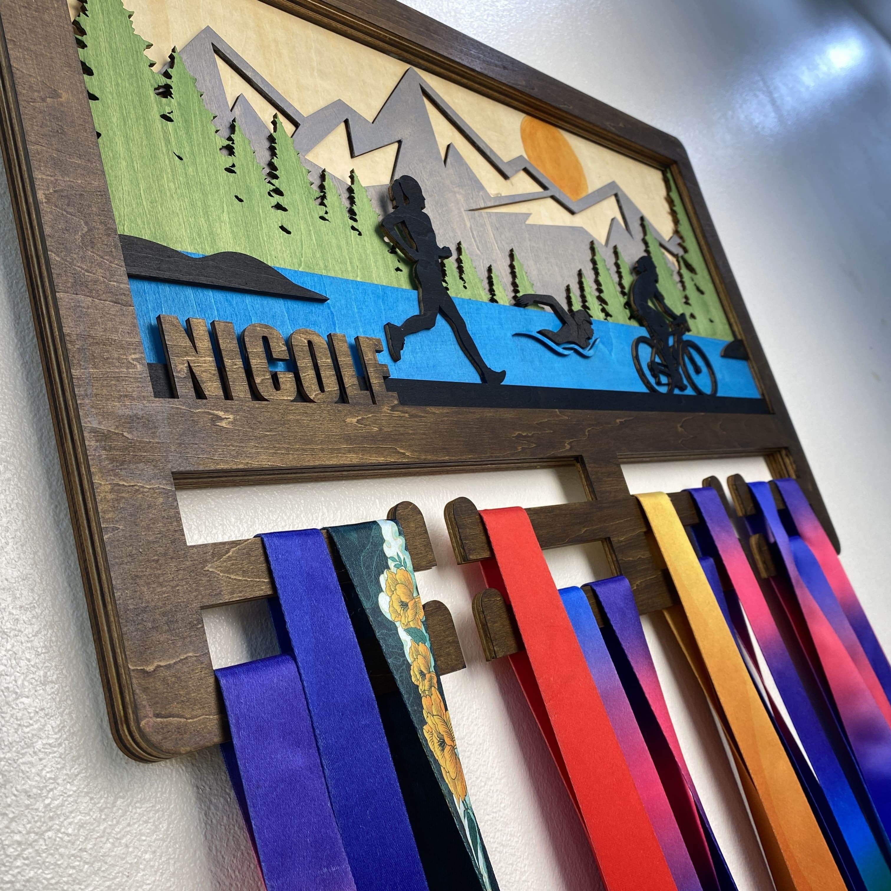 Personalized Triathlon Medal Hanger Custom Wooden Mountain Triathlete & Ironman Medal Display, ChampionHanger - Champion Hanger