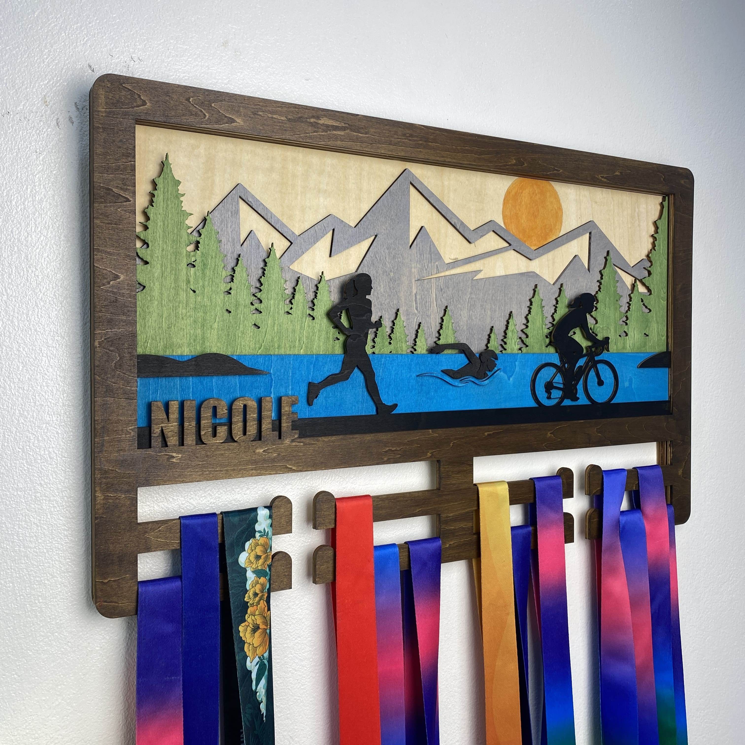 Personalized Triathlon Medal Hanger Custom Wooden Mountain Triathlete & Ironman Medal Display, ChampionHanger - Champion Hanger