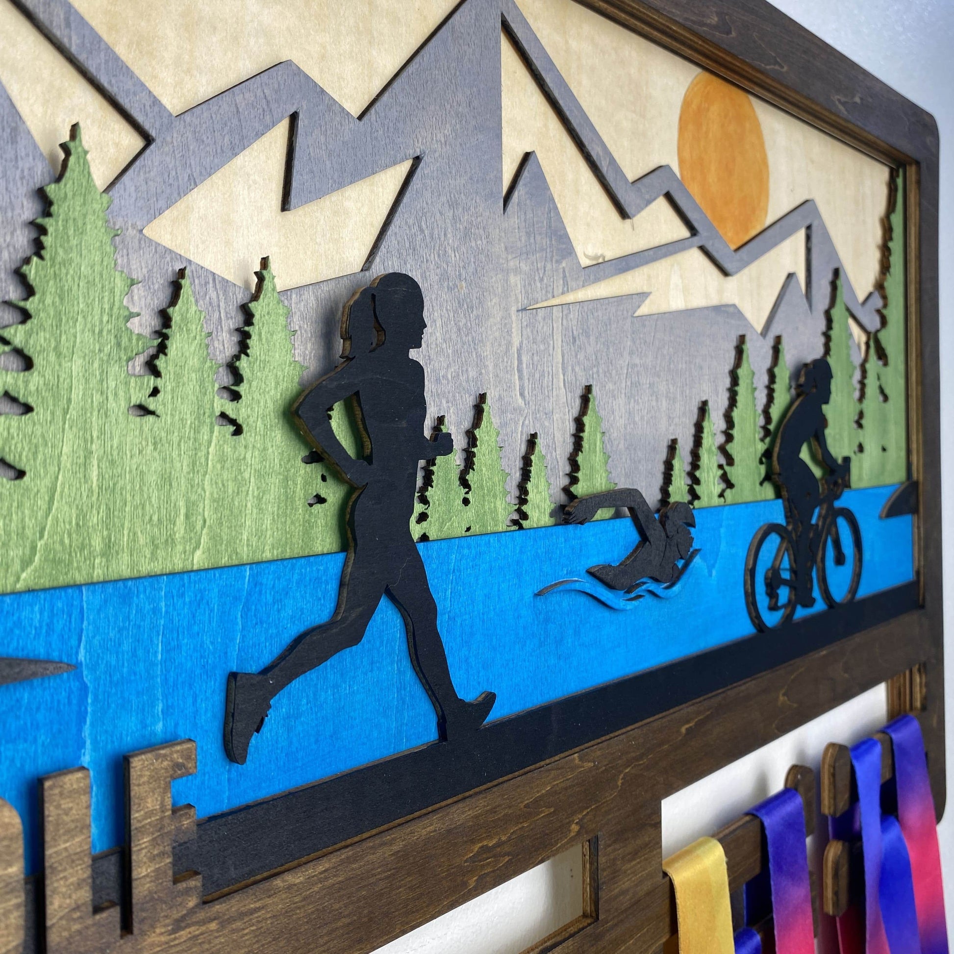 Personalized Triathlon Medal Hanger Custom Wooden Mountain Triathlete & Ironman Medal Display, ChampionHanger - Champion Hanger