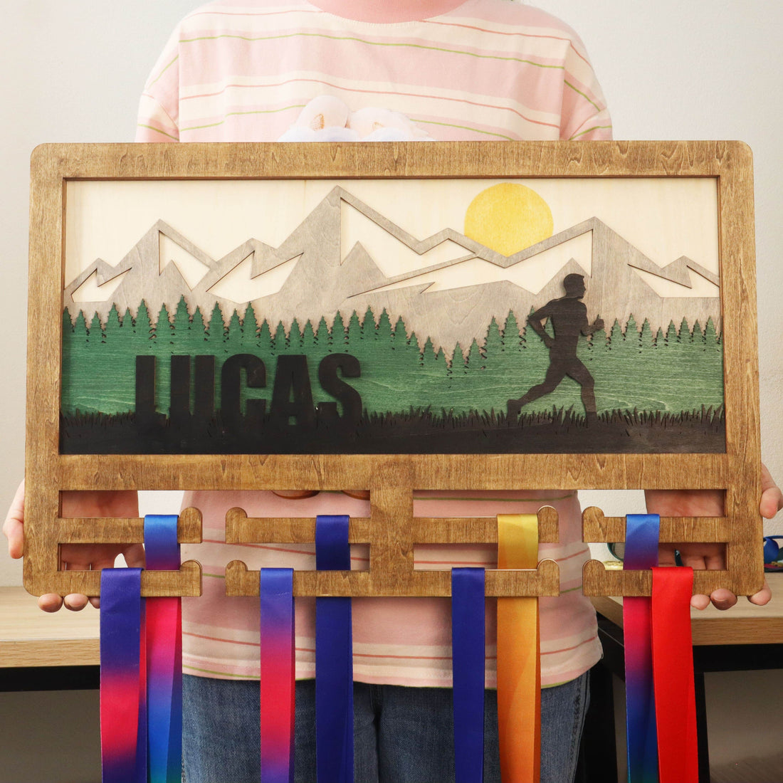Personalized Mountain Runner Medal Hanger – Wooden Medal Holder with Name , ChampionHanger running gifts - Champion Hanger