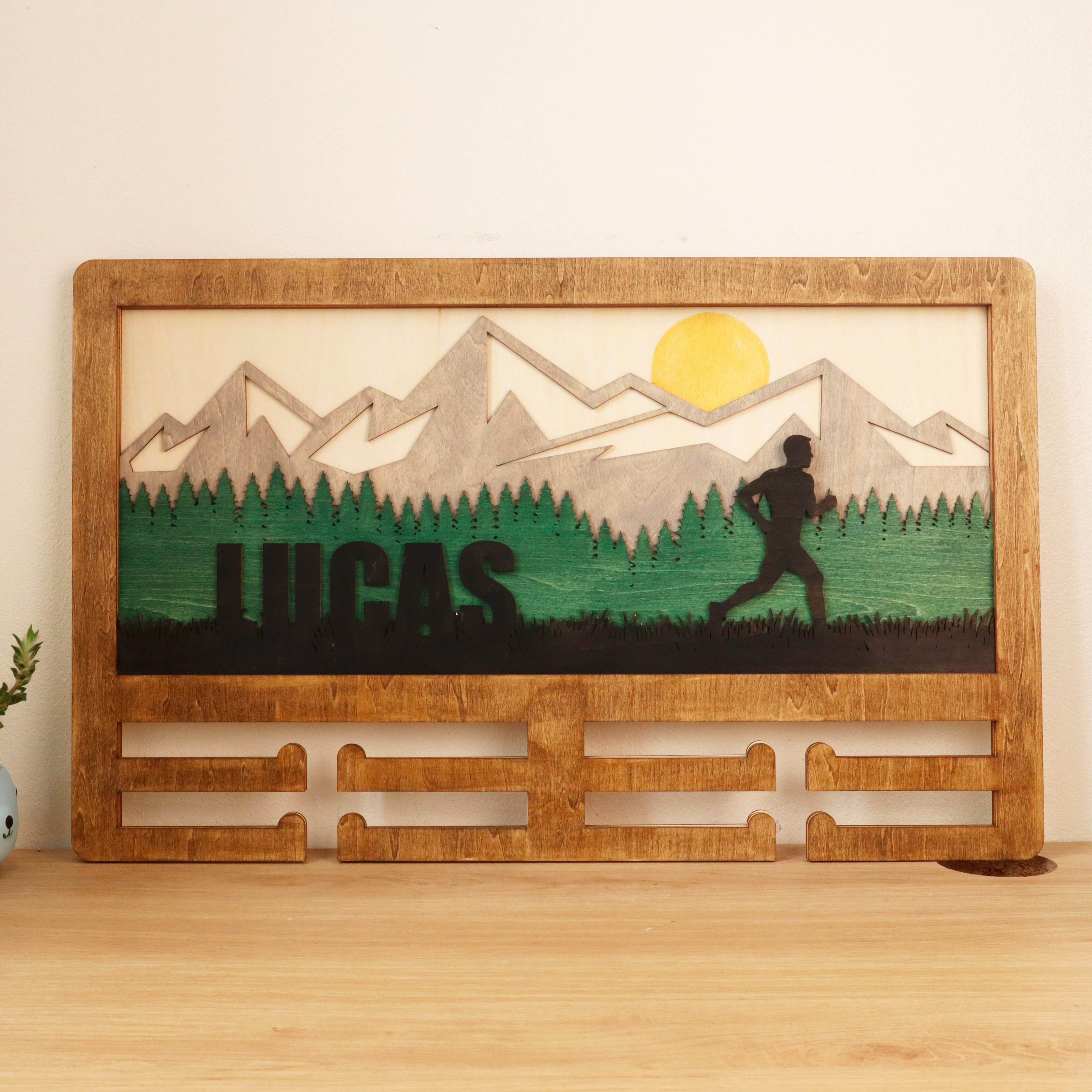 Personalized Mountain Runner Medal Hanger – Wooden Medal Holder with Name , ChampionHanger running gifts - Champion Hanger