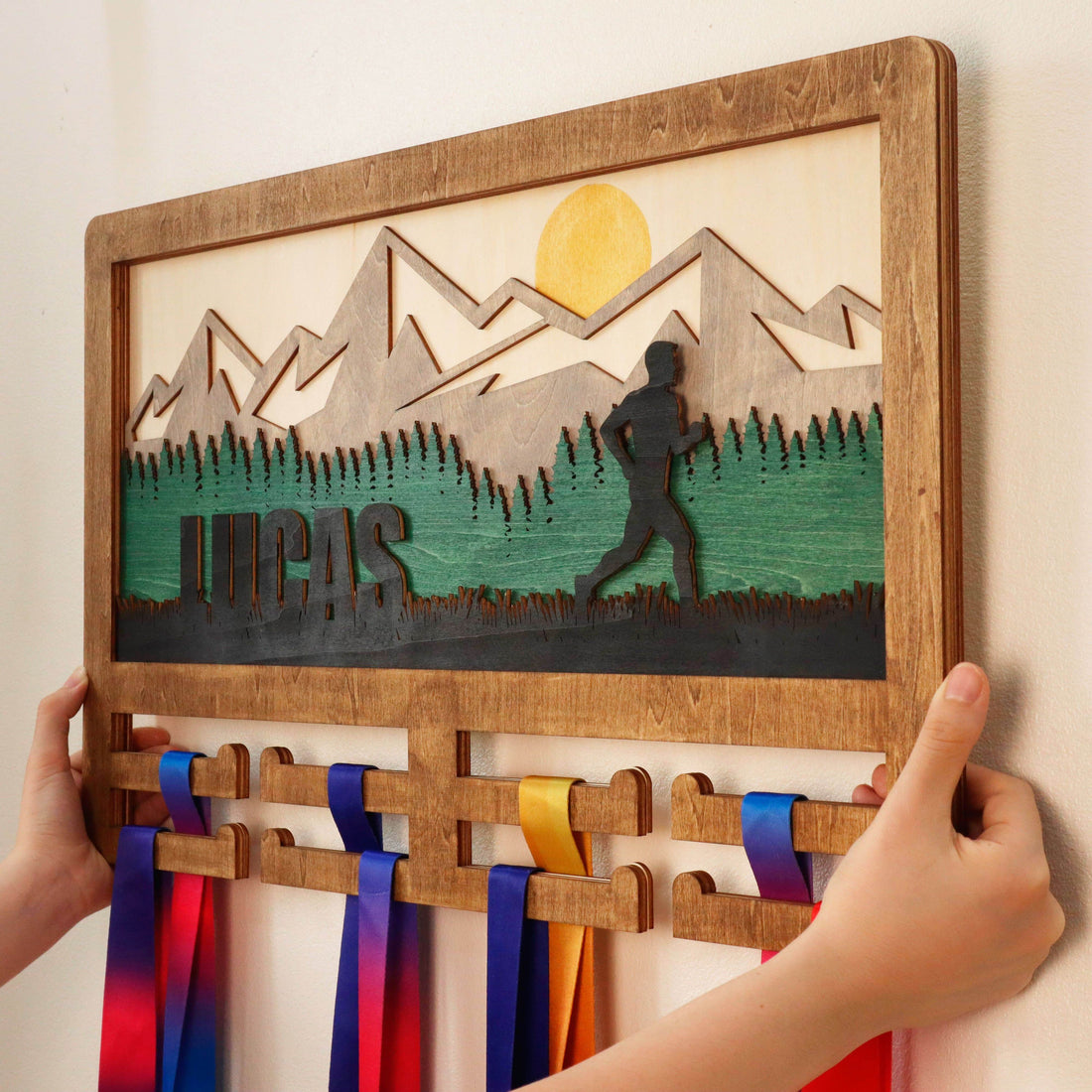 Personalized Mountain Runner Medal Hanger – Wooden Medal Holder with Name , ChampionHanger running gifts - Champion Hanger