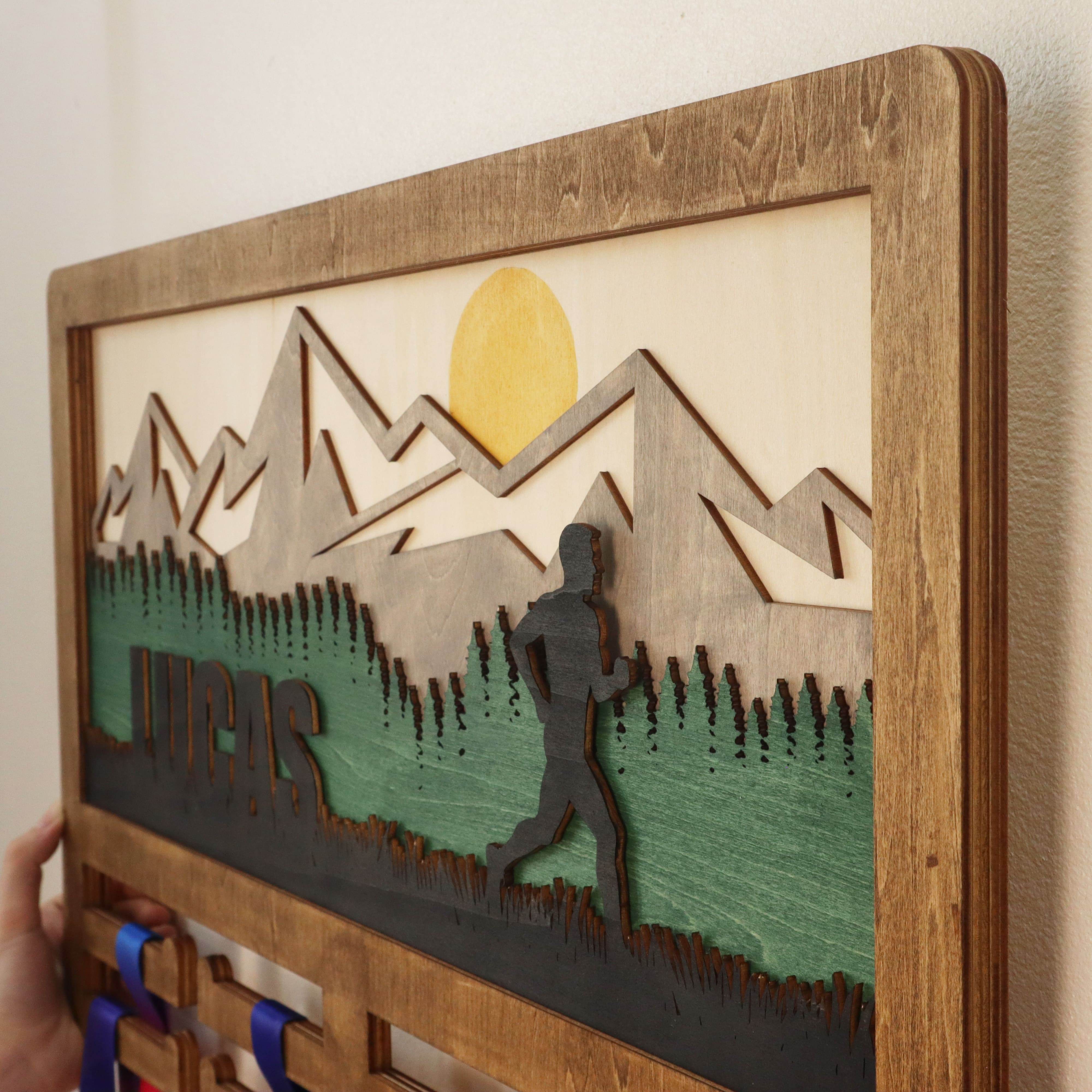 Personalized Mountain Runner Medal Hanger – Wooden Medal Holder with Name , ChampionHanger running gifts - Champion Hanger