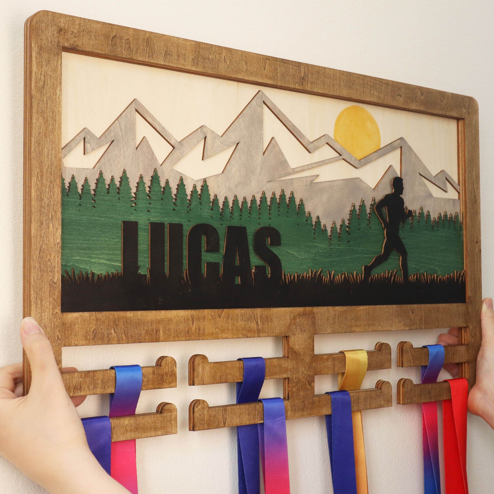 Personalized Mountain Runner Medal Hanger – Wooden Medal Holder with Name , ChampionHanger running gifts - Champion Hanger