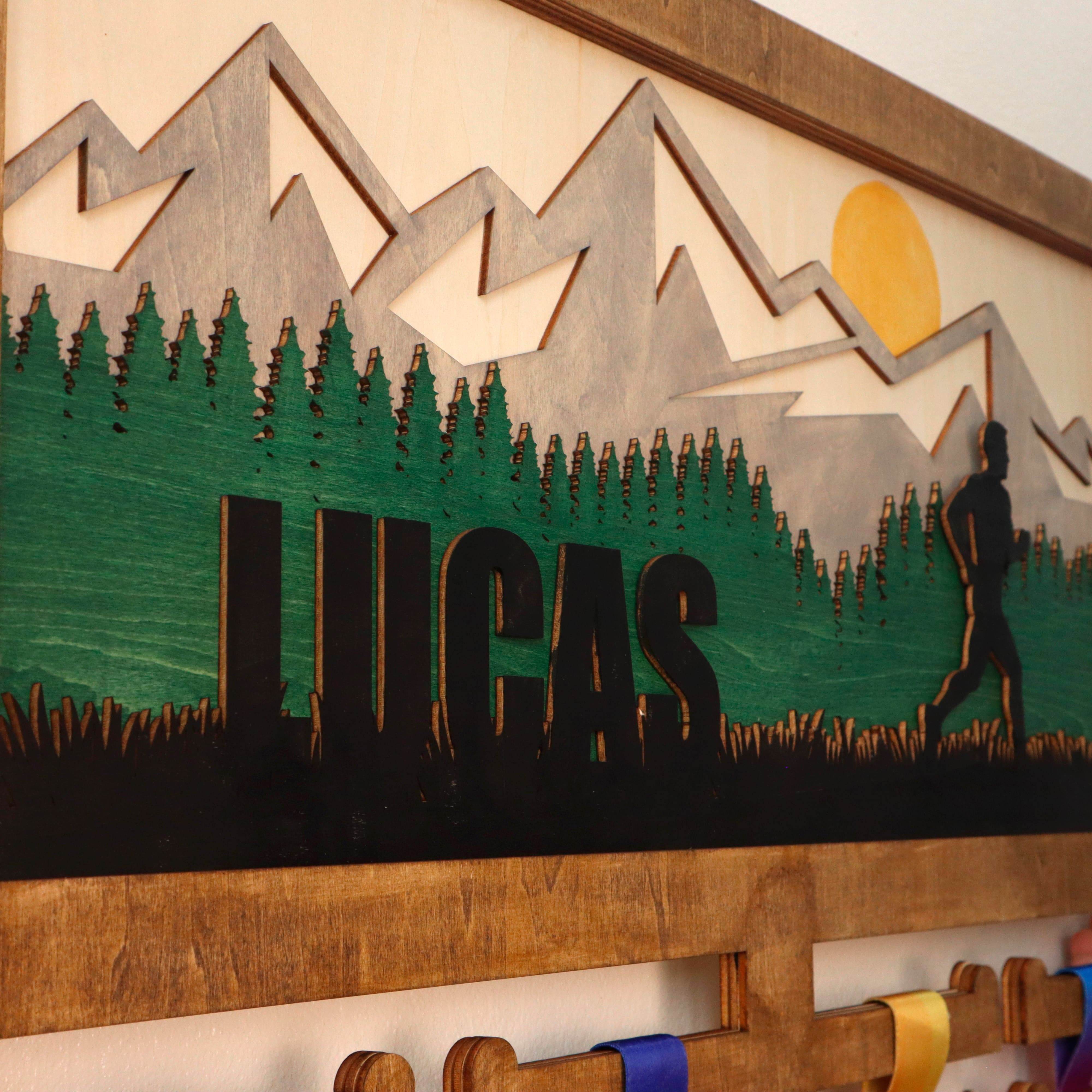 Personalized Mountain Runner Medal Hanger – Wooden Medal Holder with Name , ChampionHanger running gifts - Champion Hanger
