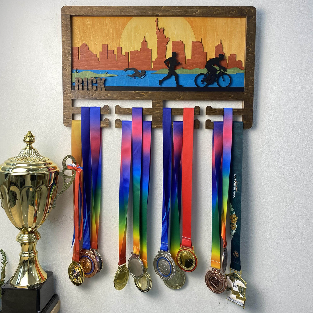 Personalized New York Skyline Triathlon Medal Holder, ChampionHanger Triathlon Gifts - Champion Hanger