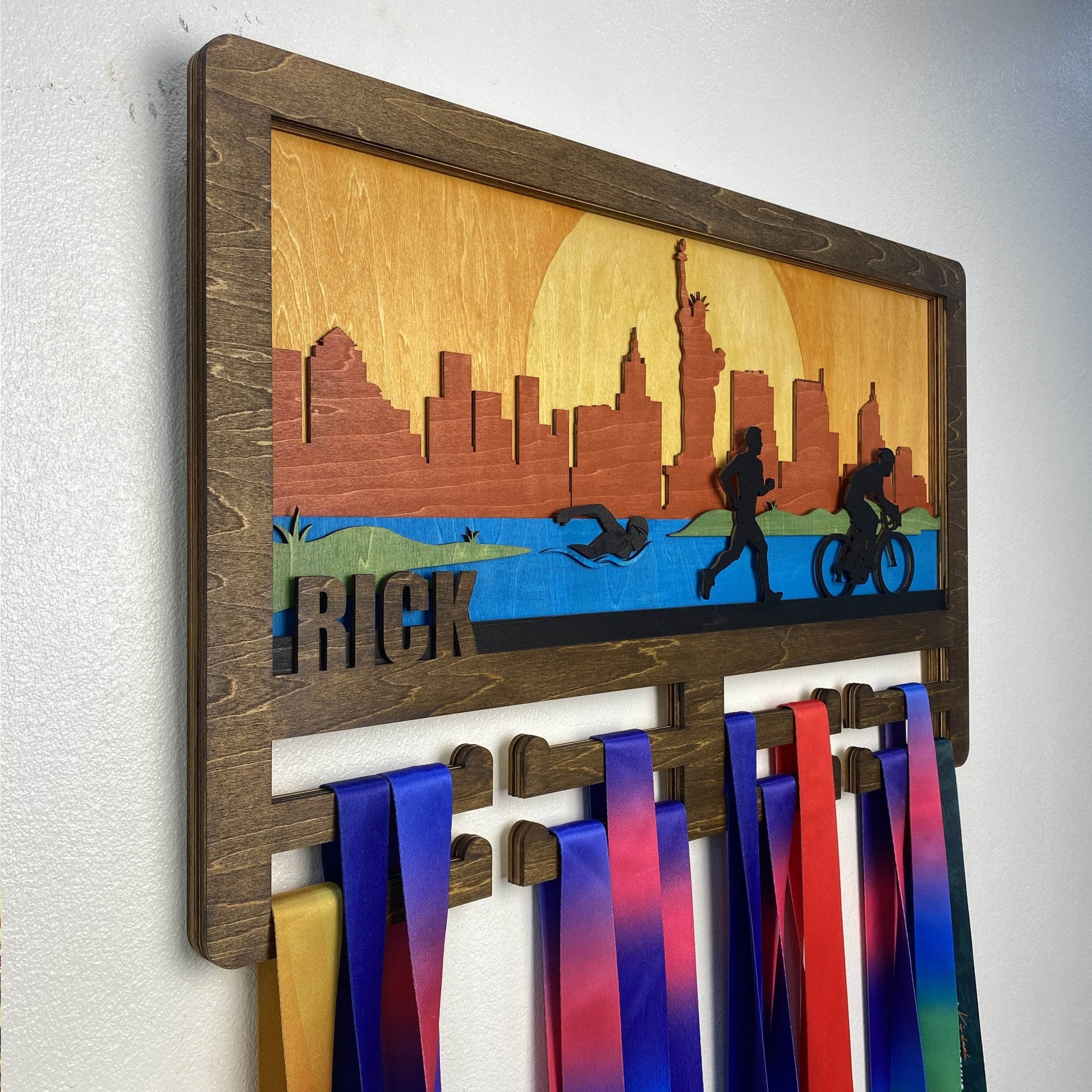 Personalized New York Skyline Triathlon Medal Holder, ChampionHanger Triathlon Gifts - Champion Hanger