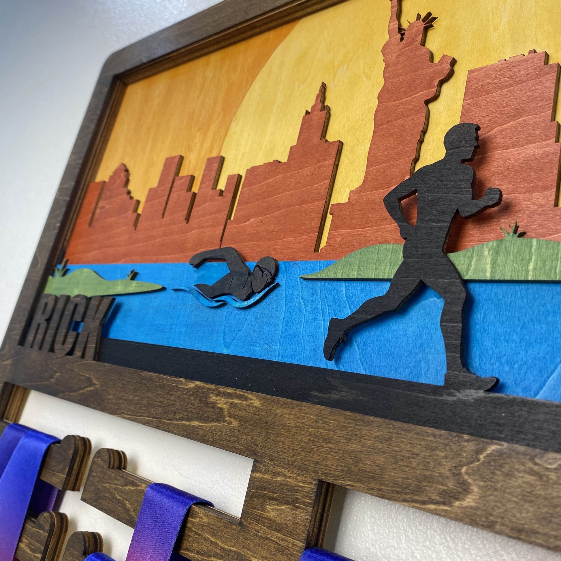 Personalized New York Skyline Triathlon Medal Holder, ChampionHanger Triathlon Gifts - Champion Hanger