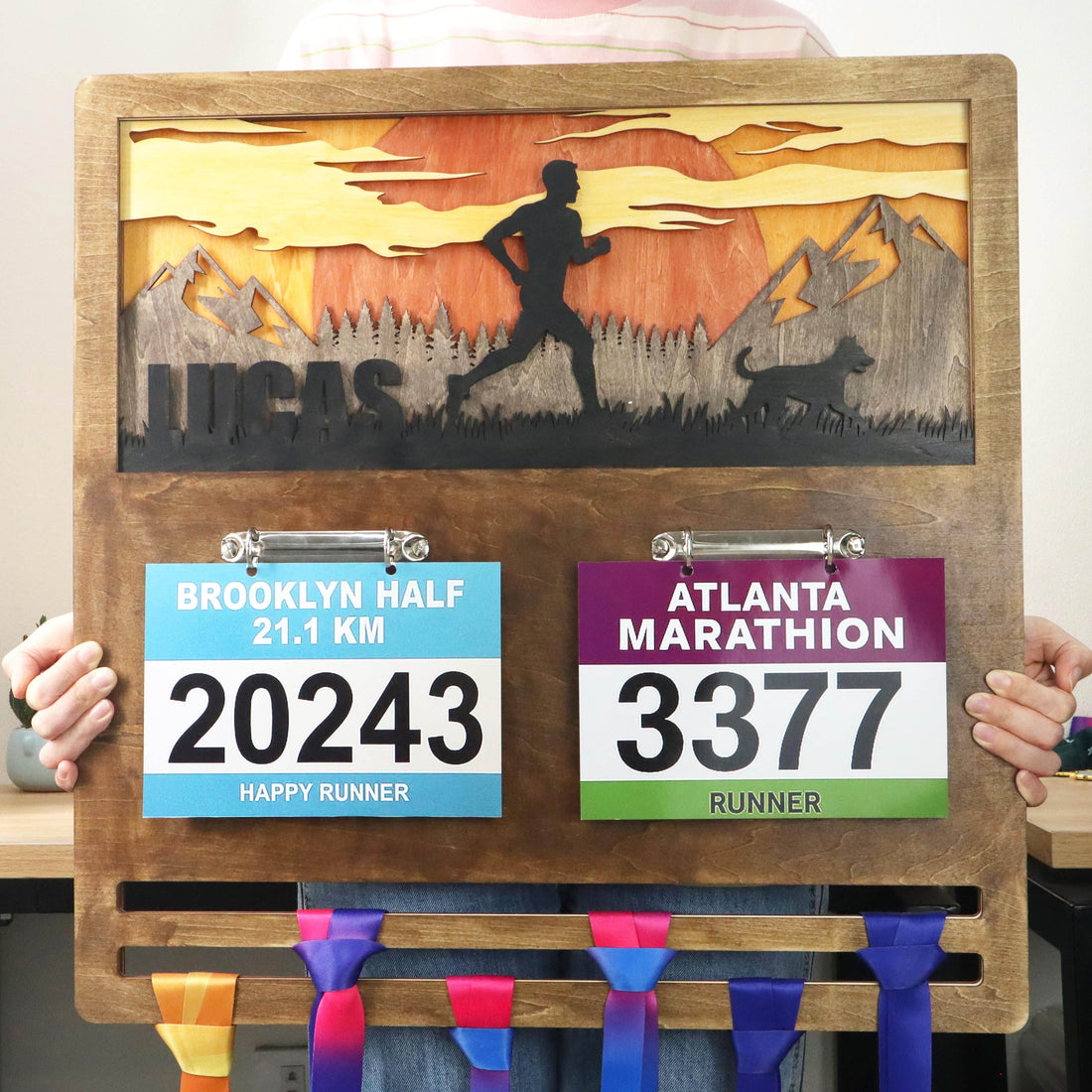 Personalized Wooden Marathon Display with Runner and Dog – Wooden Medal hanger , ChampionHanger running gifts - Champion Hanger