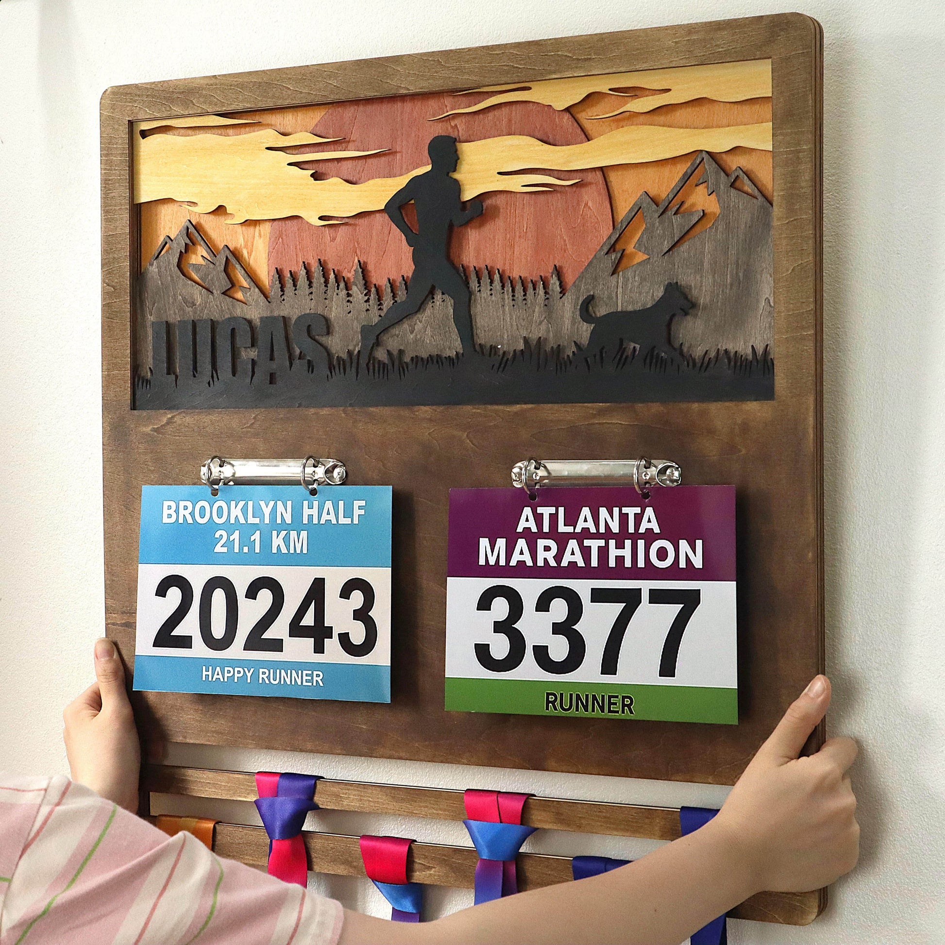 Personalized Wooden Marathon Display with Runner and Dog – Wooden Medal hanger , ChampionHanger running gifts - Champion Hanger
