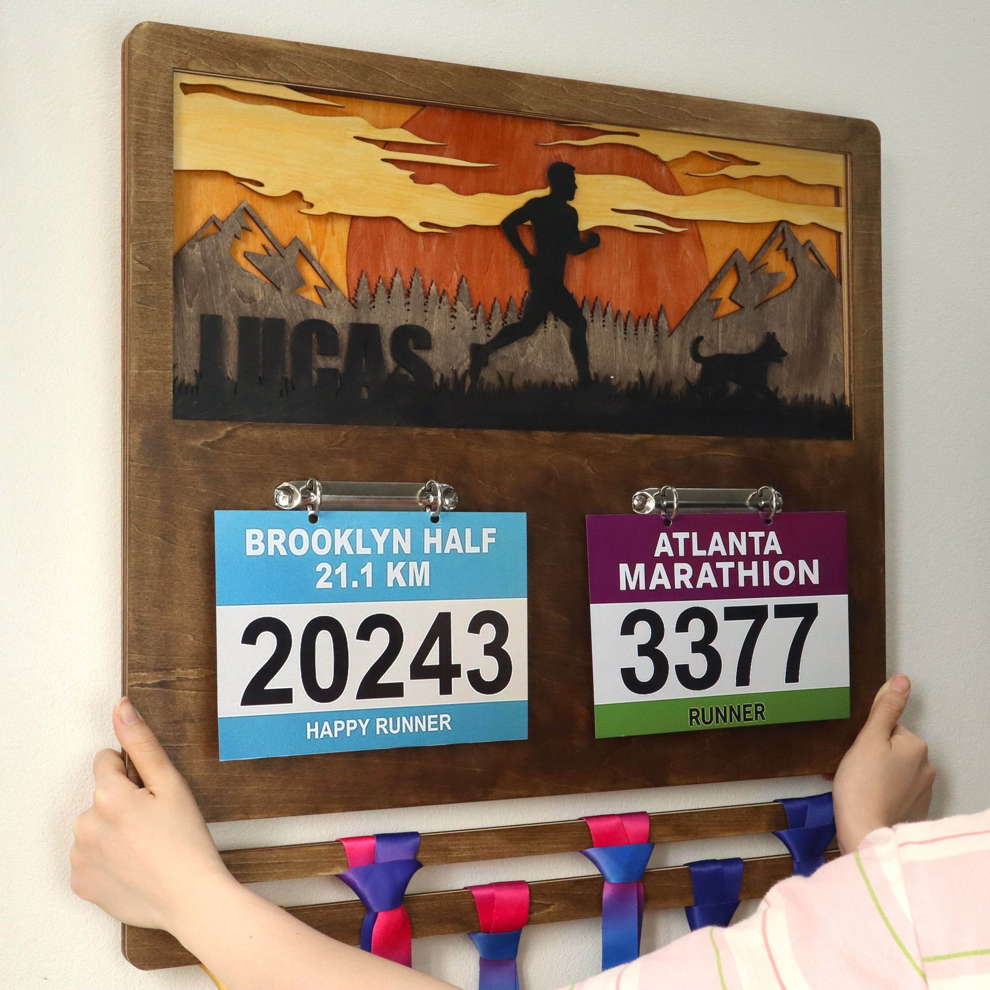 Personalized Wooden Marathon Display with Runner and Dog – Wooden Medal hanger , ChampionHanger running gifts - Champion Hanger