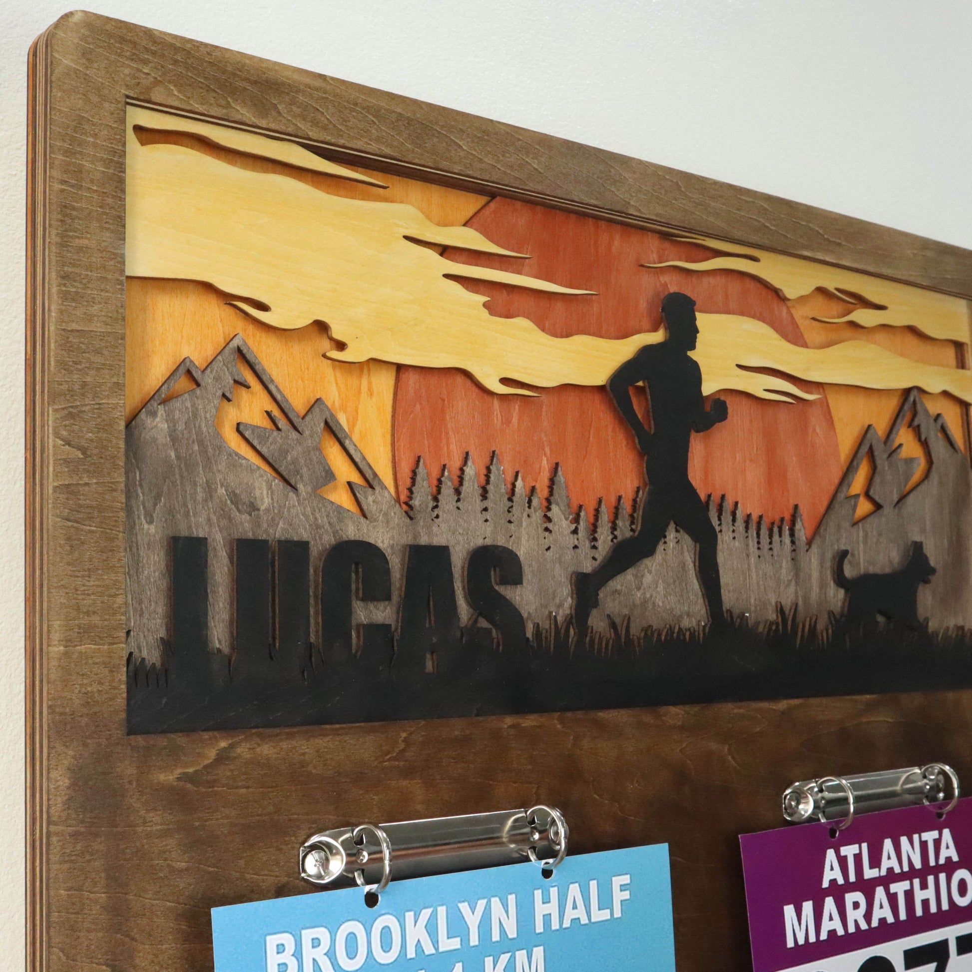 Personalized Wooden Marathon Display with Runner and Dog – Wooden Medal hanger , ChampionHanger running gifts - Champion Hanger
