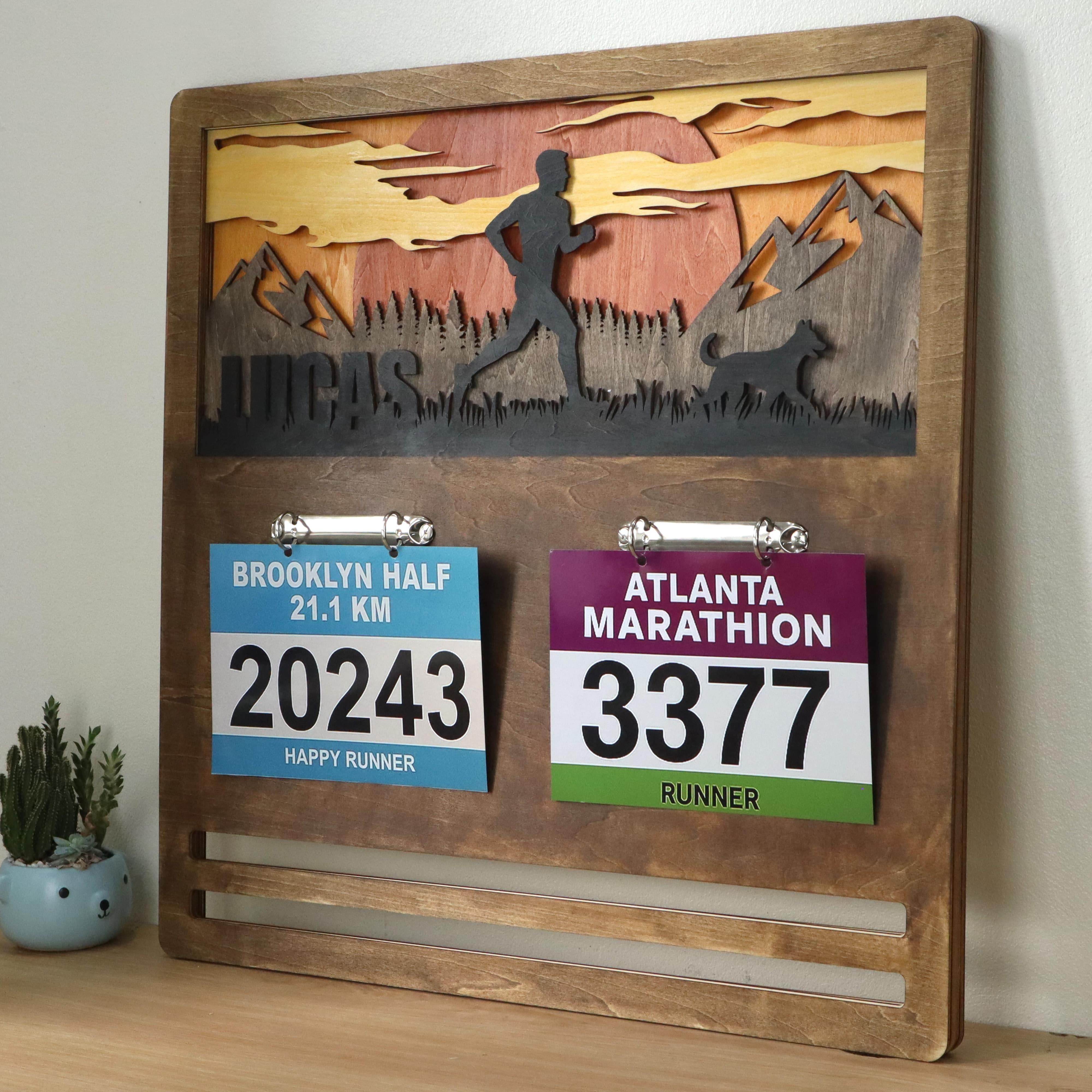 Personalized Wooden Marathon Display with Runner and Dog – Wooden Medal hanger , ChampionHanger running gifts - Champion Hanger