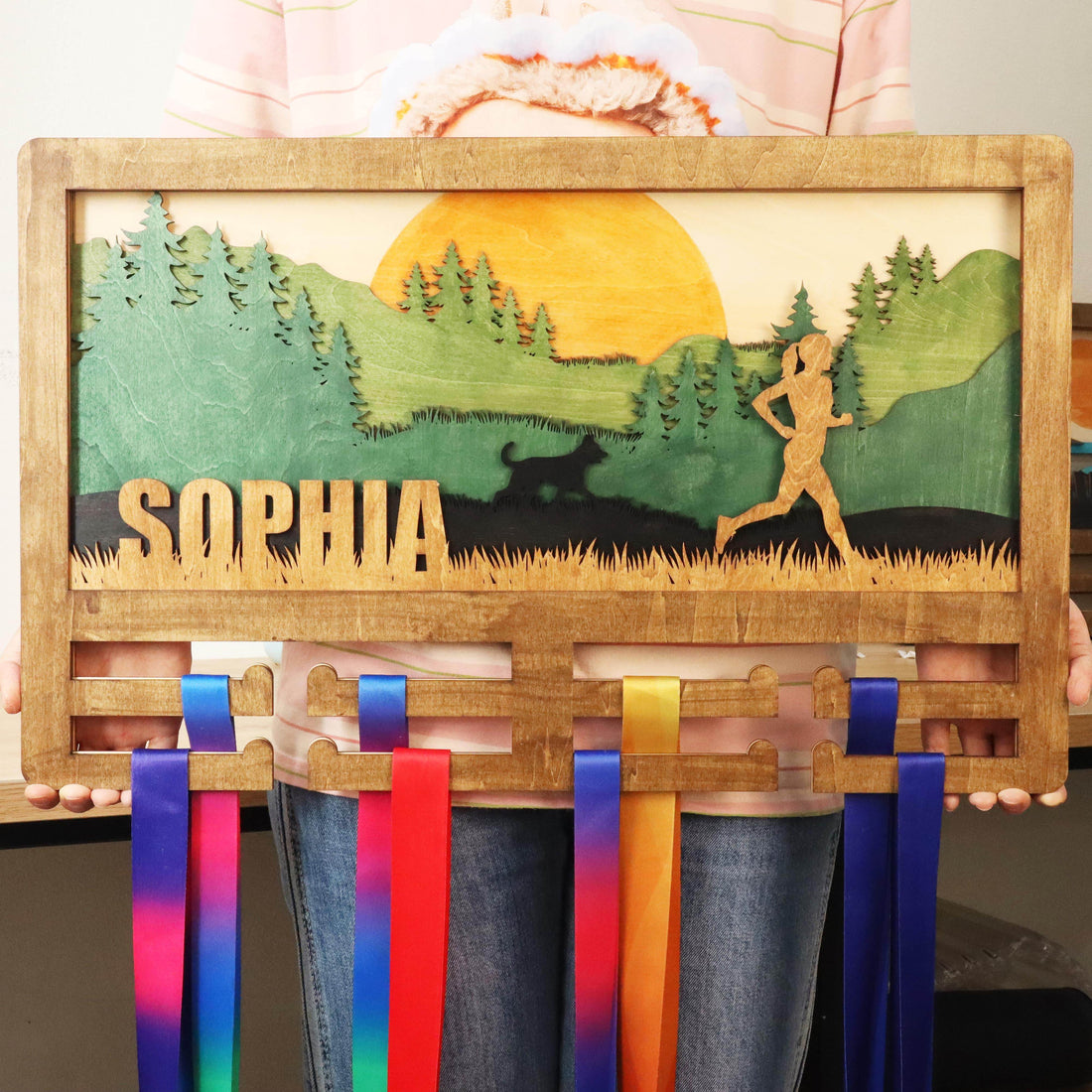 Personalized Wooden Medal Hanger for Runners with Dog – Wooden Medal hanger , ChampionHanger running gifts - Champion Hanger