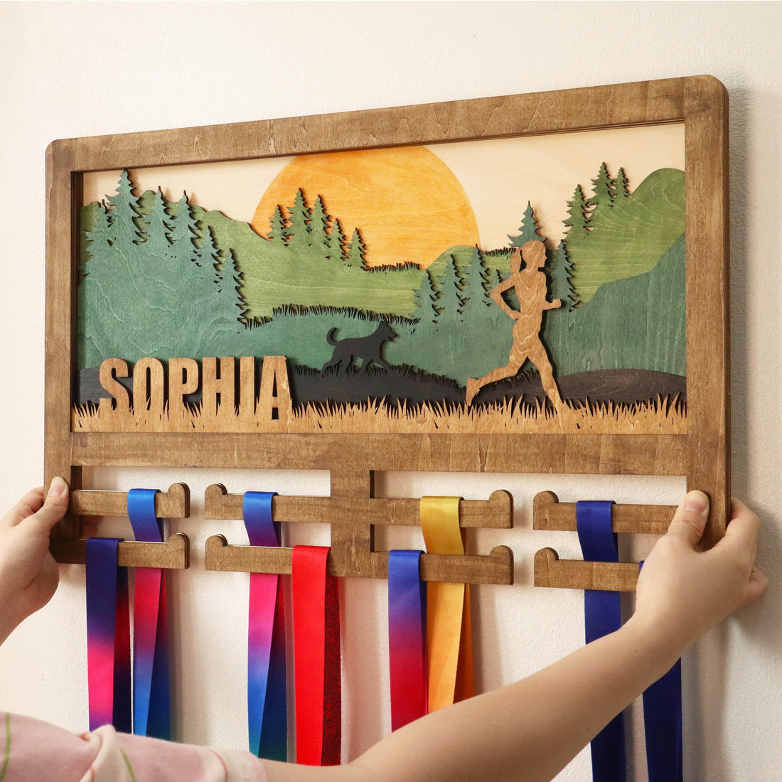 Personalized Wooden Medal Hanger for Runners with Dog – Wooden Medal hanger , ChampionHanger running gifts - Champion Hanger