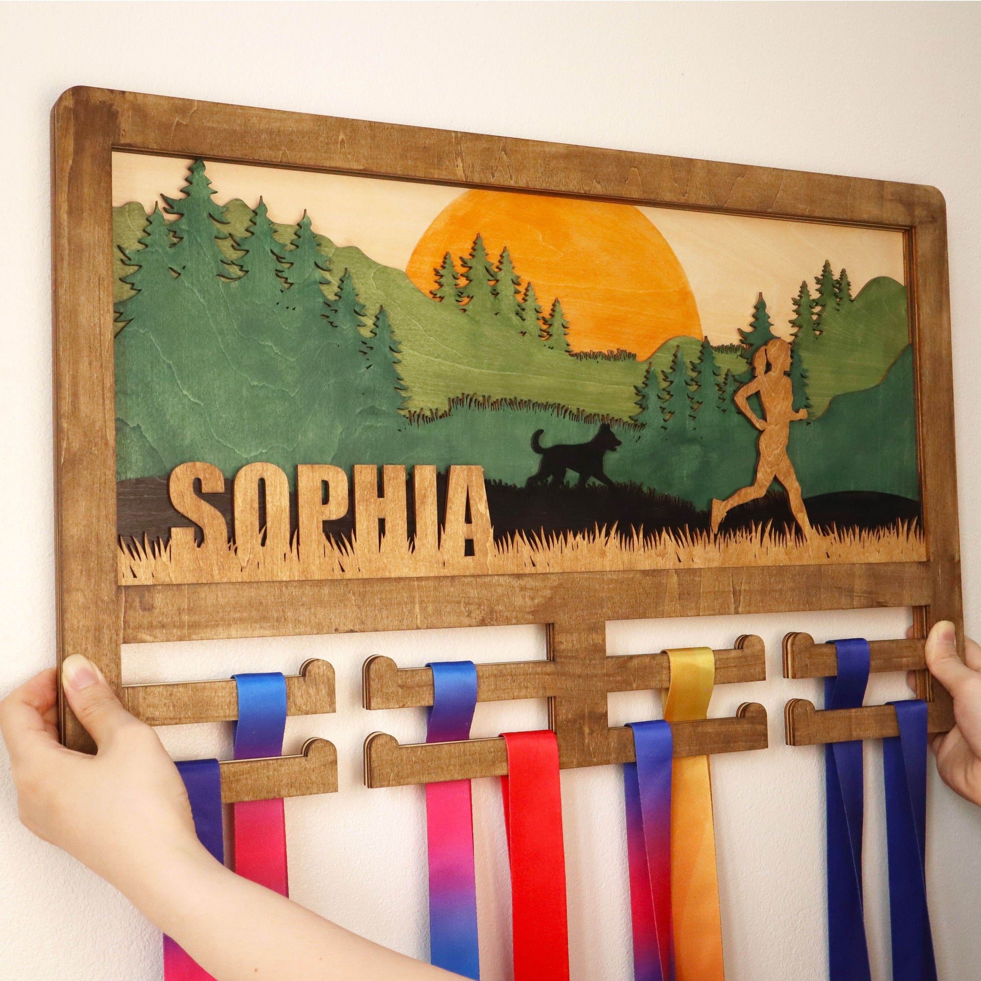 Personalized Wooden Medal Hanger for Runners with Dog – Wooden Medal hanger , ChampionHanger running gifts - Champion Hanger