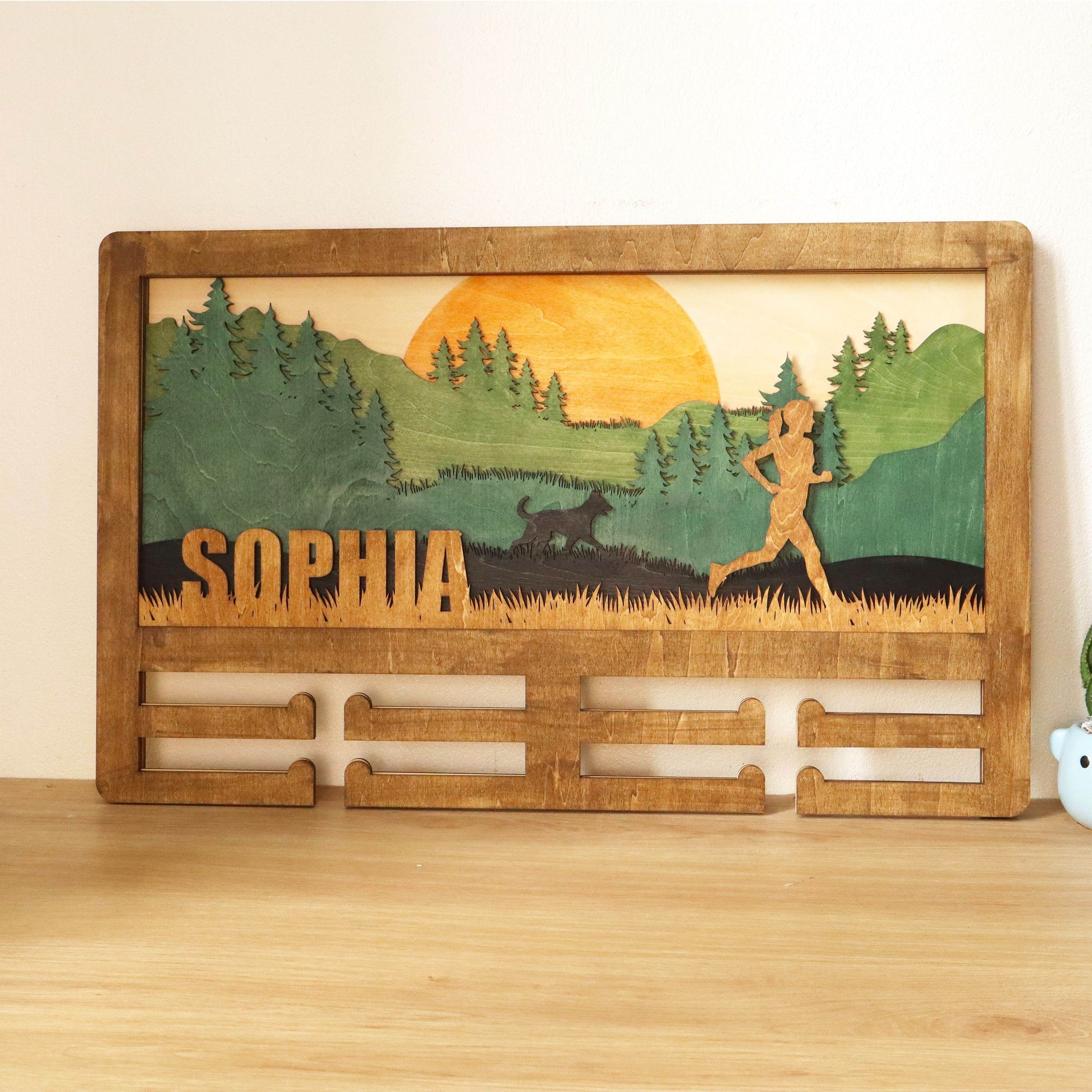 Personalized Wooden Medal Hanger for Runners with Dog – Wooden Medal hanger , ChampionHanger running gifts - Champion Hanger