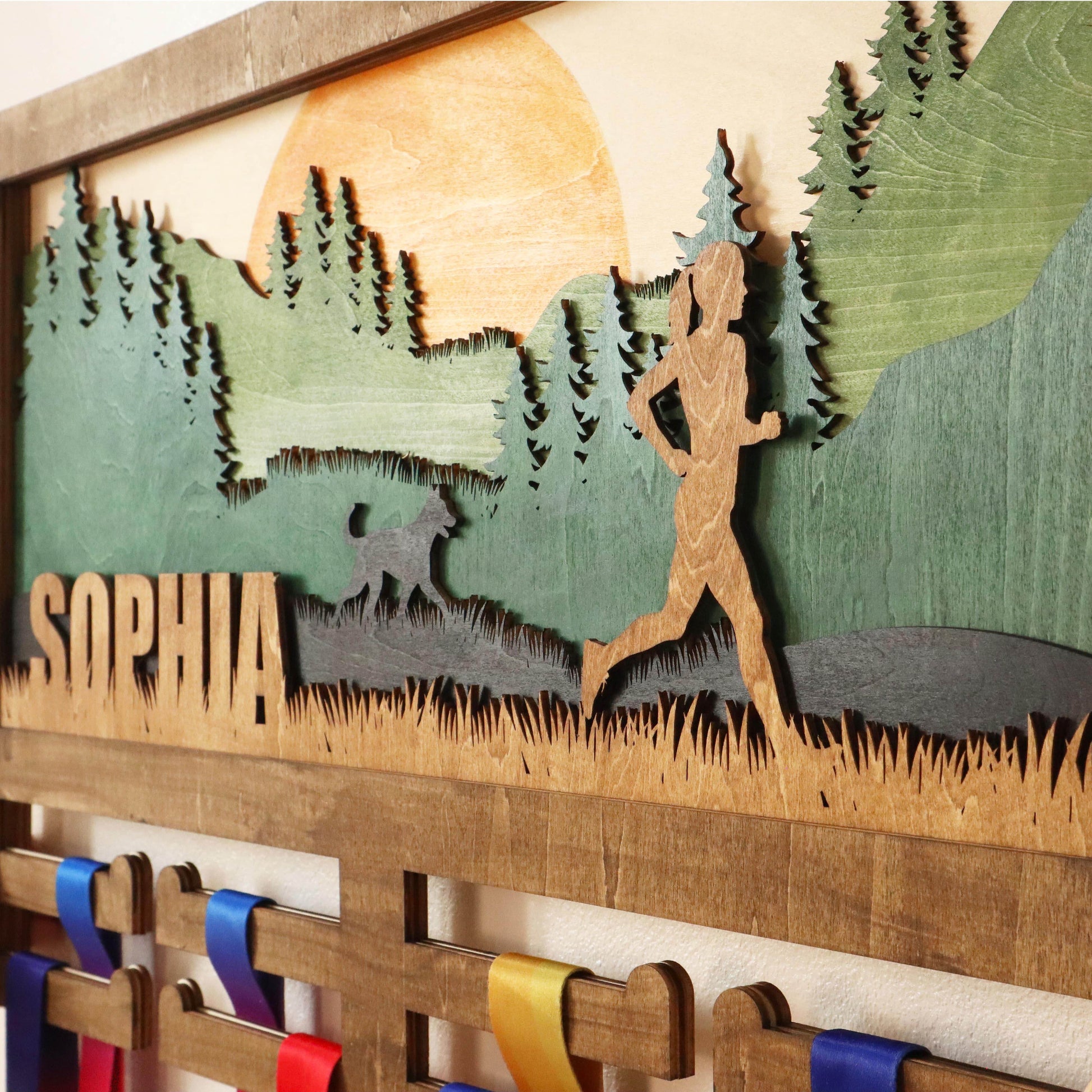 Personalized Wooden Medal Hanger for Runners with Dog – Wooden Medal hanger , ChampionHanger running gifts - Champion Hanger