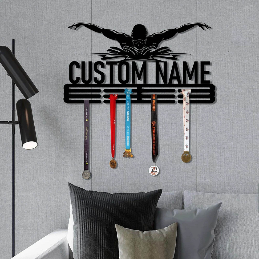 Personalized Swimming Medal Rack, Custom Holder for Ribbons & Awards, Butterfly Stroke Swimmer Gift - Champion Hanger