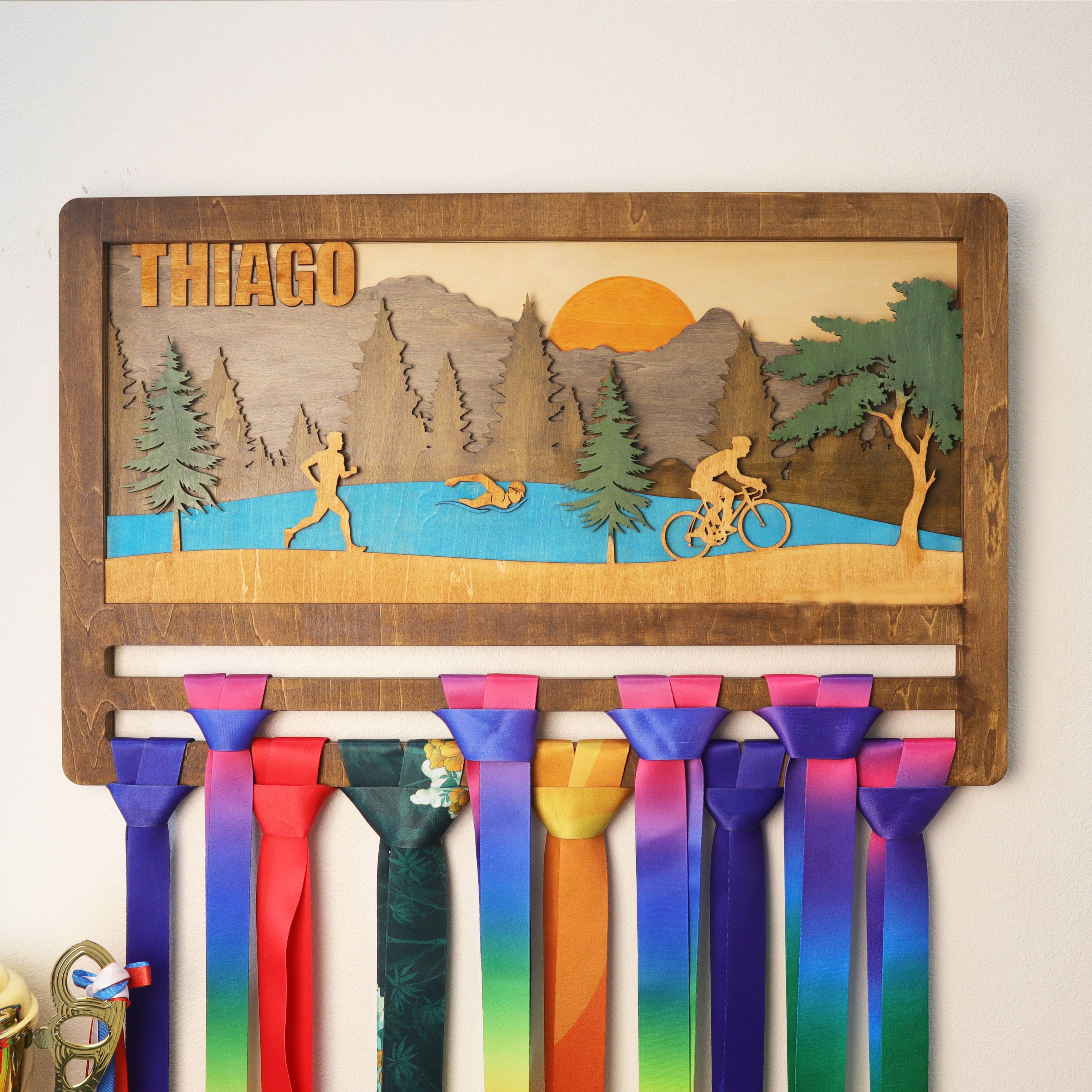 SUPERDANT Triathlon Medal Hanger - "Swim Bike Run" Themed Wall Display For Ironman & Race Medals, Holds 60+, Matte Black