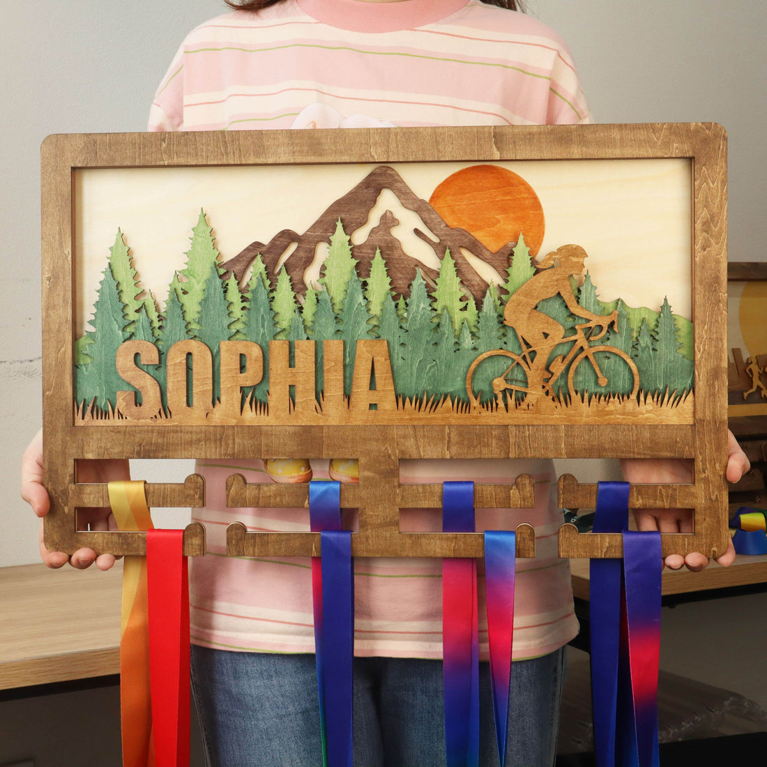 Wooden Bike Medal Hanger with Name – Handmade Wooden Wall Display for Bikers , ChampionHanger hiking gifts - Champion Hanger