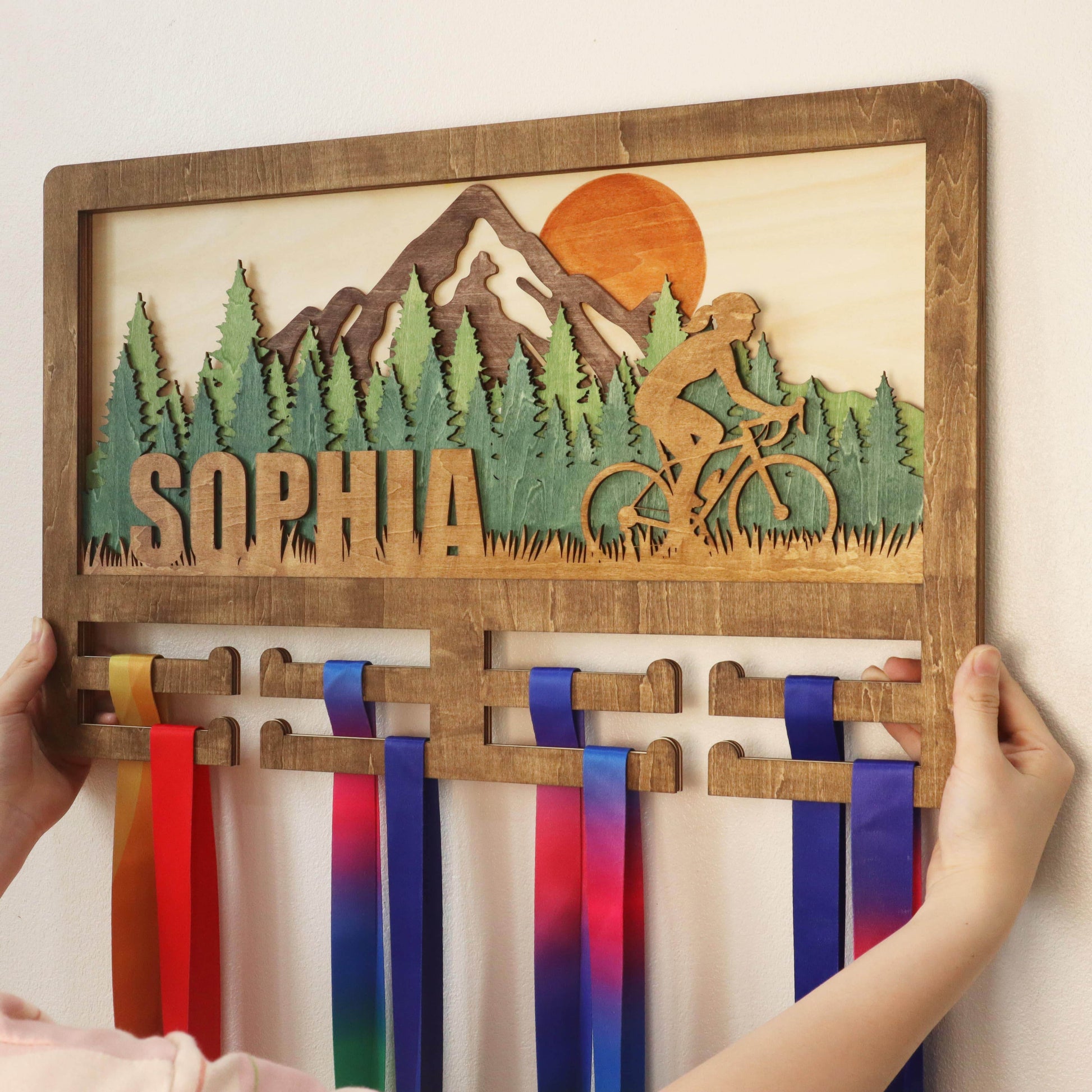 Wooden Bike Medal Hanger with Name – Handmade Wooden Wall Display for Bikers , ChampionHanger hiking gifts - Champion Hanger
