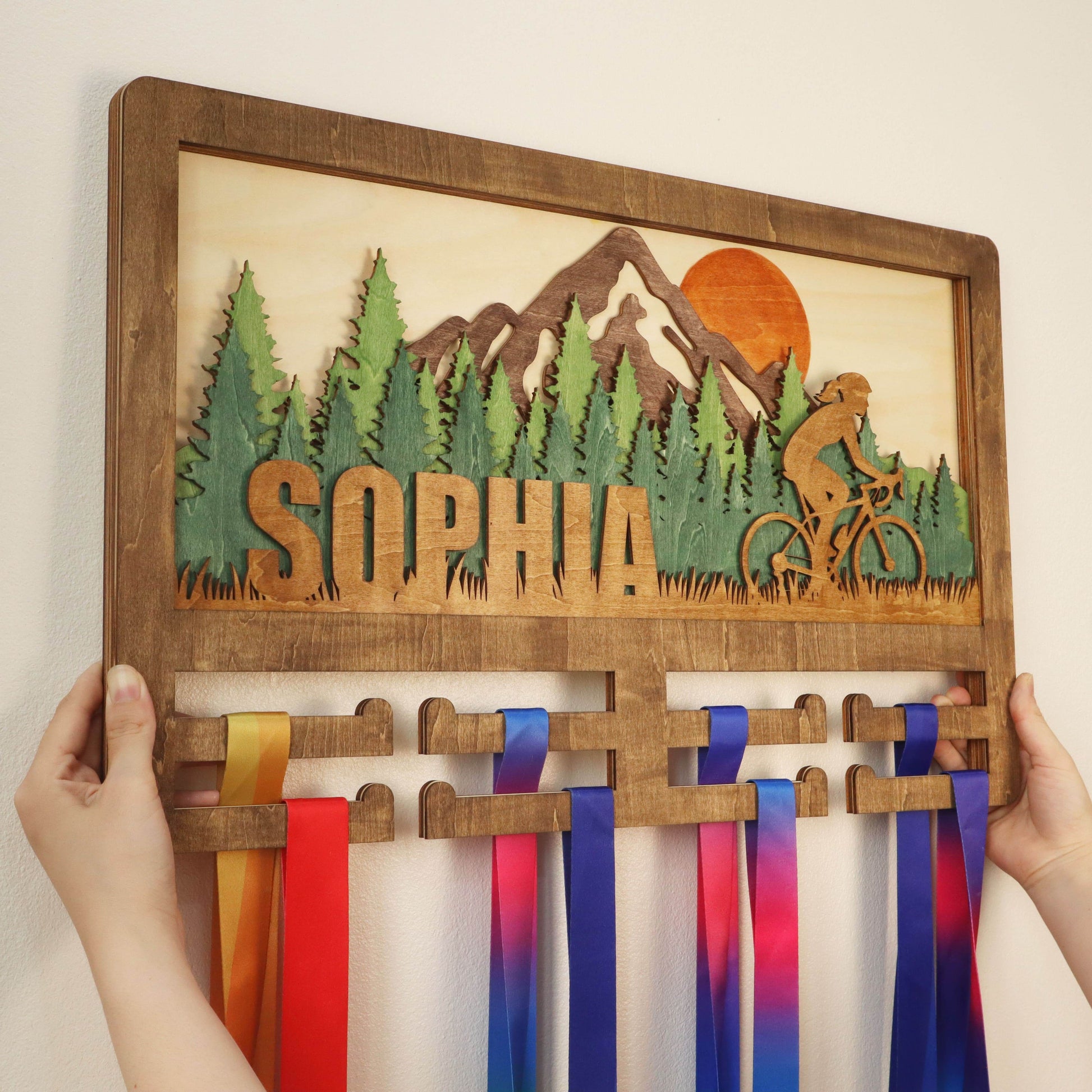 Wooden Bike Medal Hanger with Name – Handmade Wooden Wall Display for Bikers , ChampionHanger hiking gifts - Champion Hanger