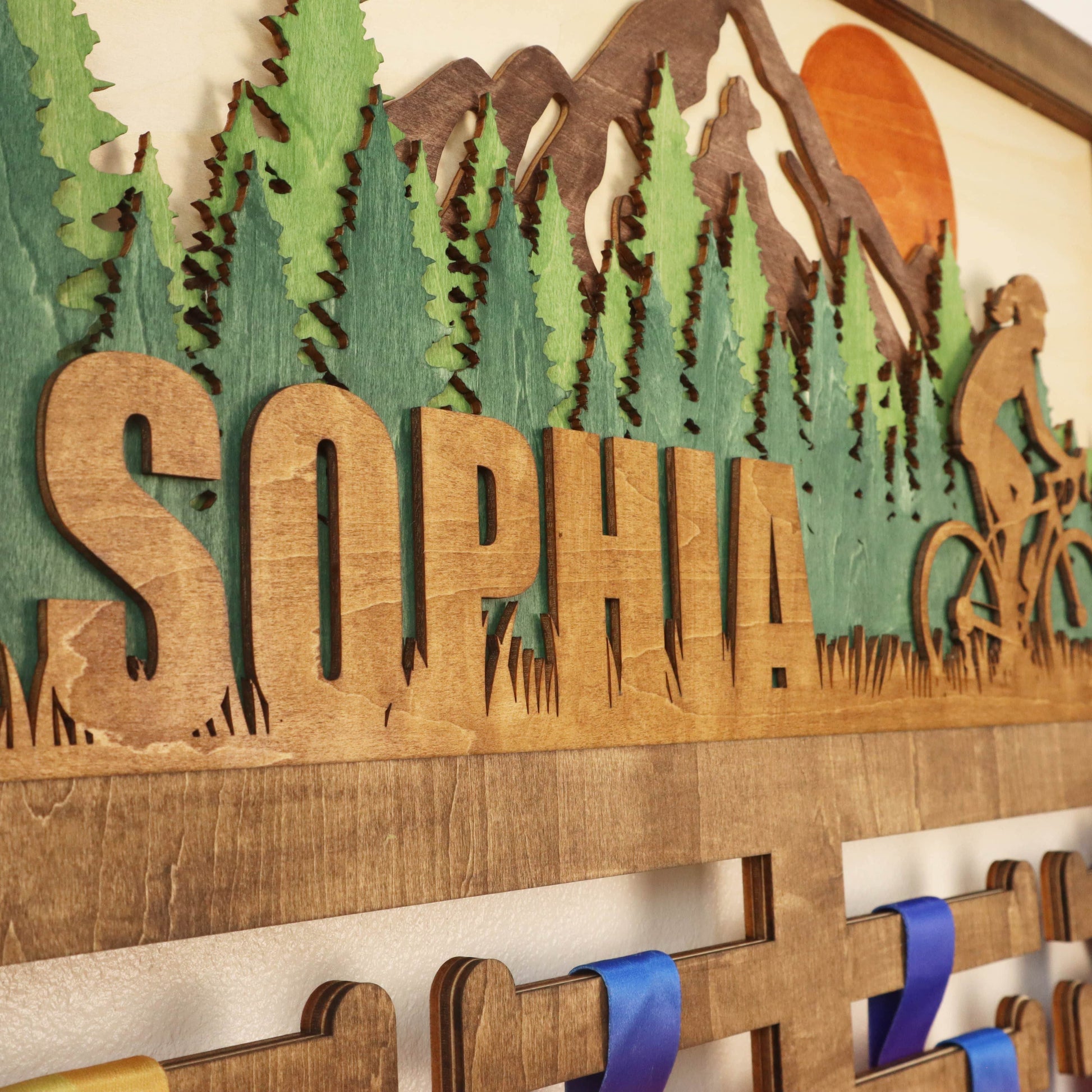 Wooden Bike Medal Hanger with Name – Handmade Wooden Wall Display for Bikers , ChampionHanger hiking gifts - Champion Hanger