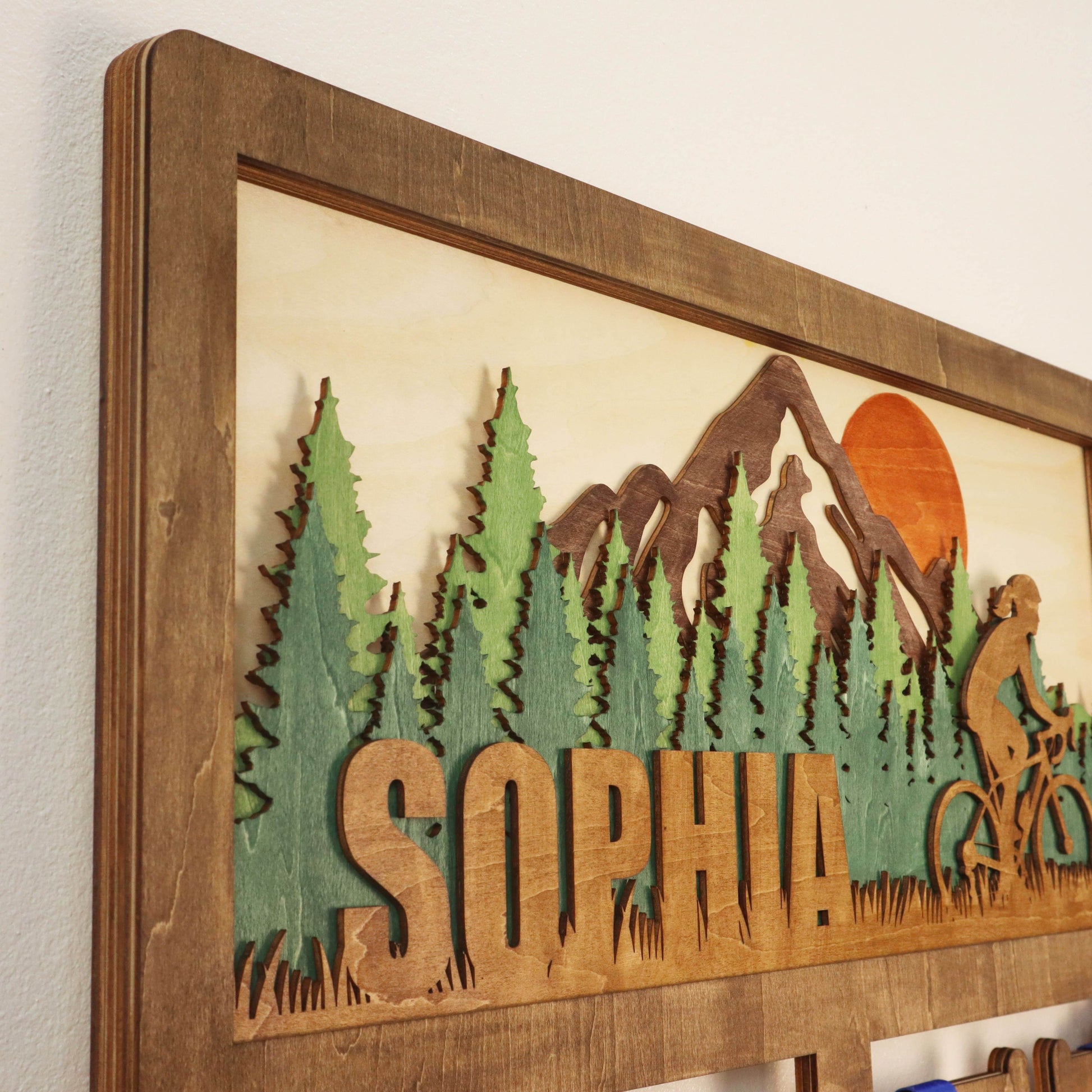 Wooden Bike Medal Hanger with Name – Handmade Wooden Wall Display for Bikers , ChampionHanger hiking gifts - Champion Hanger