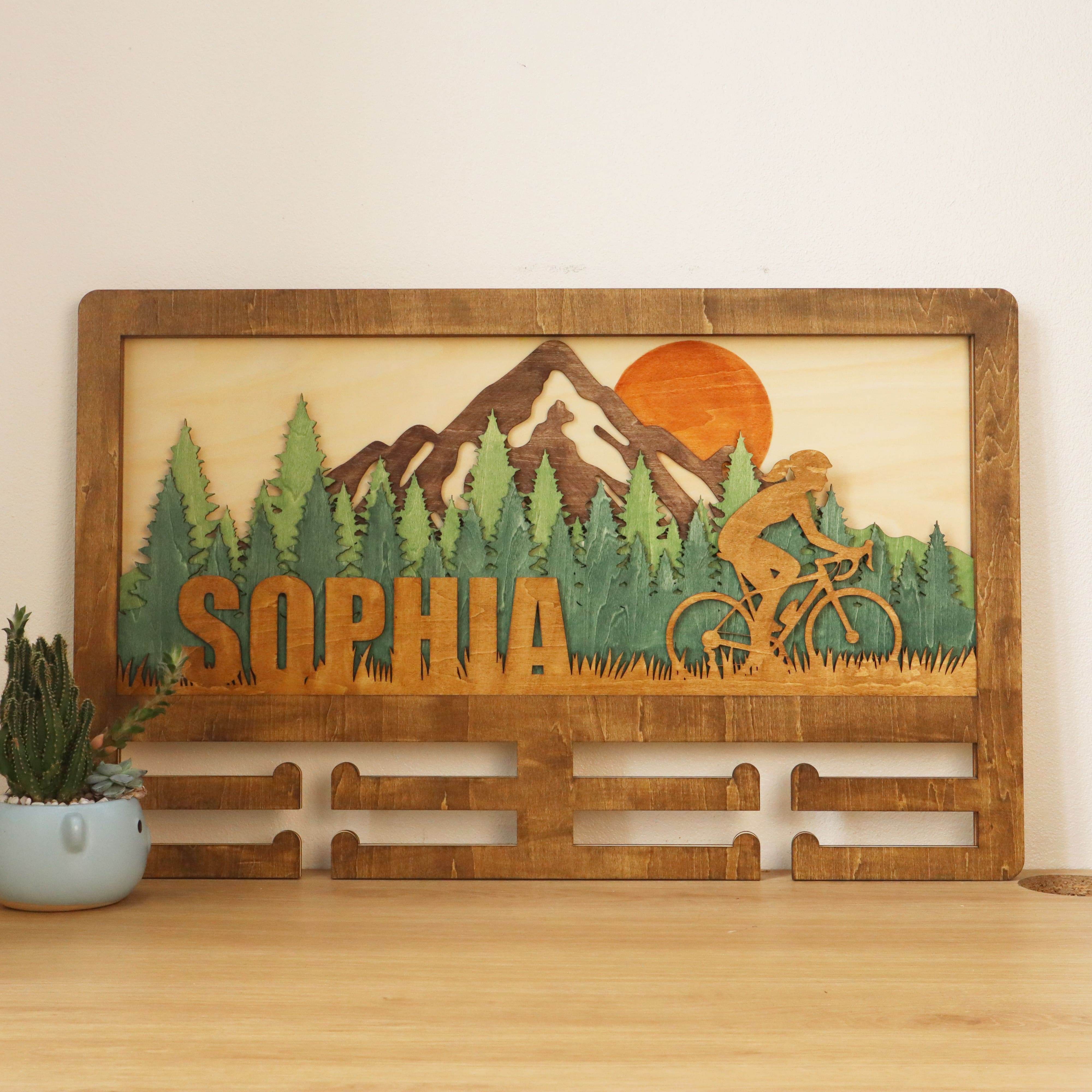 Wooden Bike Medal Hanger with Name – Handmade Wooden Wall Display for Bikers , ChampionHanger hiking gifts - Champion Hanger