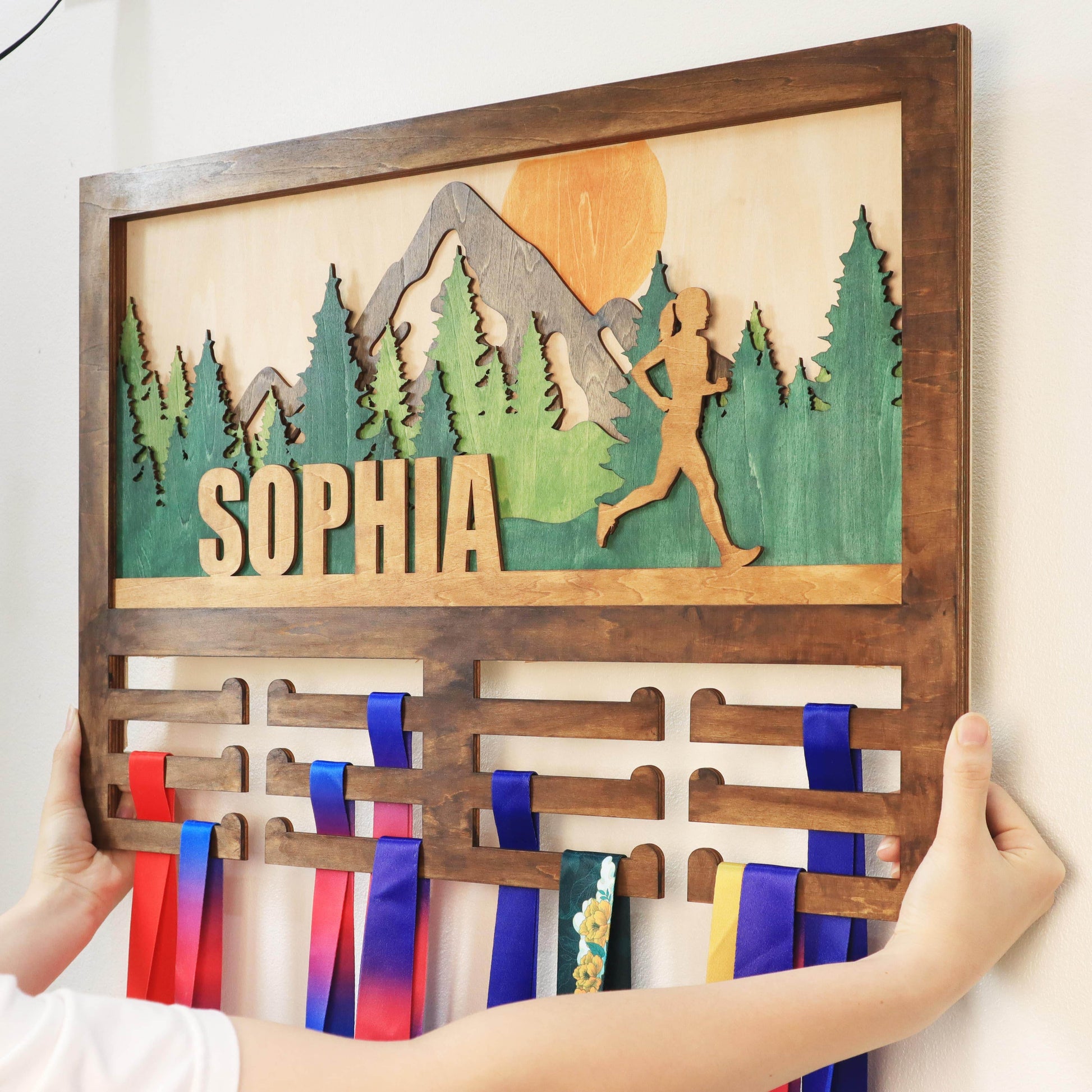 Wooden Medal Hanger Running marathon, Custom Race run medal holder, ChampionHanger Running gifts - Champion Hanger
