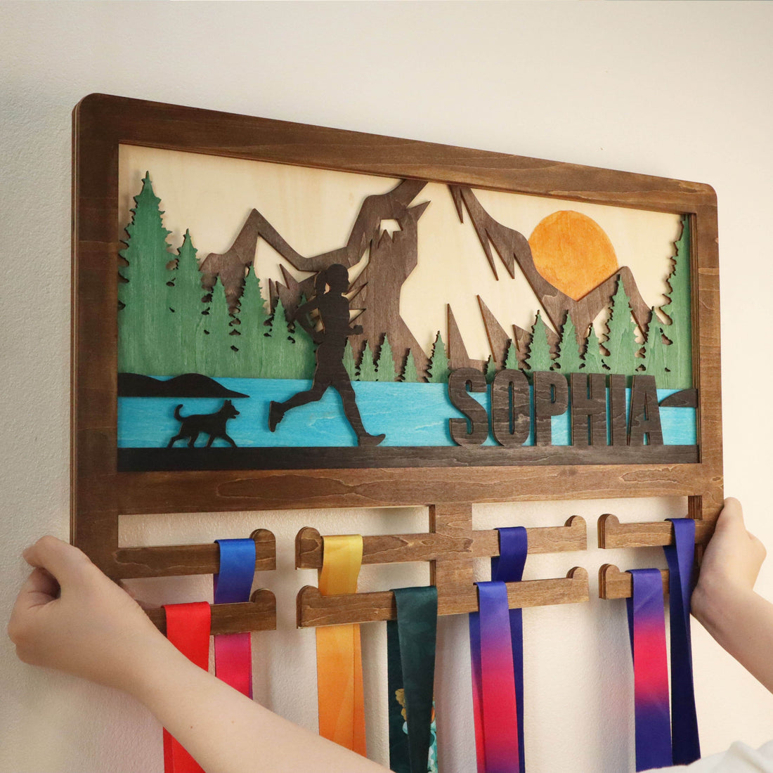 Wooden Running Medal Holder with Dog – Custom Name Display for Runners , ChampionHanger hiking gifts - Champion Hanger