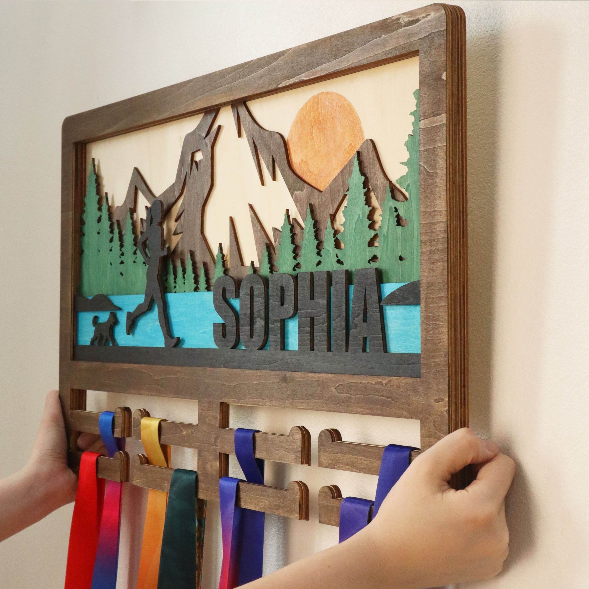Wooden Running Medal Holder with Dog – Custom Name Display for Runners , ChampionHanger hiking gifts - Champion Hanger